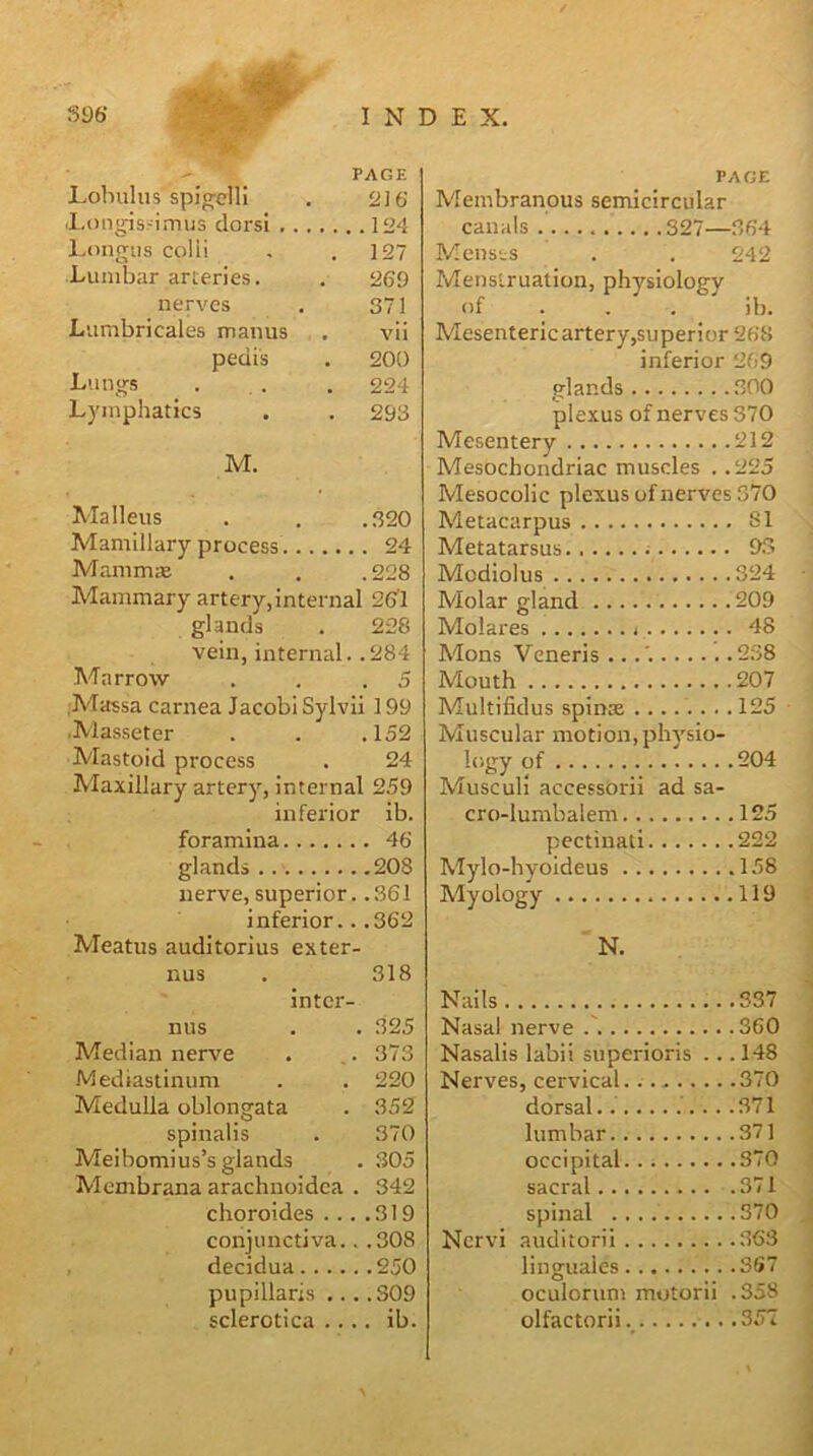 Lobulus spigelll PAGE 216 .l.ongisrimus dorsi Longus colli 127 Lumbar arteries. 269 nerves 371 Lumbricales manus vii pedis 200 Lungs 224 Lymphatics 293 M. Malleus .320 Mamillary process Mammx .228 Mammary artery,internal 26'! glands 228 vein, internal . .284 Marrow . 5 .Massa carnea Jacobi Sylvii 199 .Masseter . . .152 Mastoid process . 24 Maxillary artery, internal 259 inferior ib. foramina 46 glands 208 nerve,superior. .361 inferior.. .362 Meatus auditorius exter- nus . 318 intcr- nus . . 325 Mediair nerve . 373 Mediastinum . . 220 Medulla oblongata . 352 spinalis . 370 Meibomius’s glands . 305 Membrana arachnoidea . 342 choroides ... .319 conjunctiva., .308 decidua 250 pupillaris .. . .309 sclerotica .... ib. PAGE Membranous semicircular canals 327—364 Menses . . 242 Menstruation, physiology of . . . ib. Mesenteric artery,superior 268 inferior 269 Hands 300 O plexus of nerves 370 Mesentery 212 Mesochondriac muscles . .225 Mesocolic plexus of nerves 370 Metacarpus 81 Metatarsus ; 9.3 Modiolus 324 Molar gland 209 Molares 48 Mons Veneris ... '. 238 Mouth 207 Multifidus spinx 125 ■ Muscular motion, physio- logy of 204 Musculi accessorii ad sa- cro-lumbalem 125 pectinati 222 Mylo-hyoideus 158 Myology 119 'N. Nails ...337 Nasal nerve 360 Nasalis labii superioris .. .148 Nerves, cervical. 370 dorsal .371 lumbar 371 occipital 370 sacral 371 spinal 370 Nervi auditorii 363 linguales 367 oculorum mutorii .358 olfactorii.^ 357