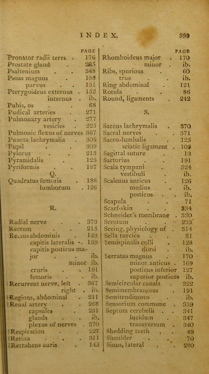 PronAtor radii teres . PAGE 176 Prostate gland 2S5 Psaltenium 348 Psoas magnus 186 parvus 131 Pterygoideus externus 152 internus . lb. Pubis, os 68 Pudical arteries 271 Pulmonary artery 277 vesicles 225 Pulmonic flexus of nerves .367 Puucta lachryraalia 306 Pupil 309 Pylorus 213 Pyramidalis 123 Pyriformis 187 Q-. Quadratus femoris 188 lumborum . 126 R. Radial nerve . . 373 Rectum . . 215 Rcv-cus abdominis . 123 capitis lateralis *. 139 capitis posticus ma- jor . . ib. minor ib. cruris . .191 femoris . . ib. Recurrent nerve, left . 367 right . ib. 1 Regions, abdominal . 211 1 Renal artery . . 268 capsules . 231 glands . . ib. plexus of nerves . 370 ■Respiration . . 227 IRetina . . .311 IRetrahens auris . H5 PAGE Rhomb oldeus major 170 minor . ib. Ribs, spurious 60 true ib. Ring abdominal 121 Rotula 86 Round, ligaments 242 S. Saccus lachrymalis 370 Sacral nerves 371 Sacro-lumbalis 125 sciatic ligament . lOS Sagittal suture 13 Sartorius 191 Scala tympani 324r vestibuli ib. Scalenus anticus 126 medius ib. posticus ib. Scapula 71 Scarf-skin 334 Schneider’s membrane . 330 Scrotum .. . - 233' Seeing, physiology of . 314 Sella turcica 31 Semispinalis colli 128 dorsl ib. Serratus magnus 170 minor anticus . 169 posticus inferior 127 superior postlcUs ib. Semicircular canals 322 Semimembraiipsus 191 Semitendinosus ib. Sensorium commune 3.39 Septum ccrebelli 341 lucidum 347 transversum 340 Shedding teeth . 49 Shoulder 70 Sinus, lateral 280
