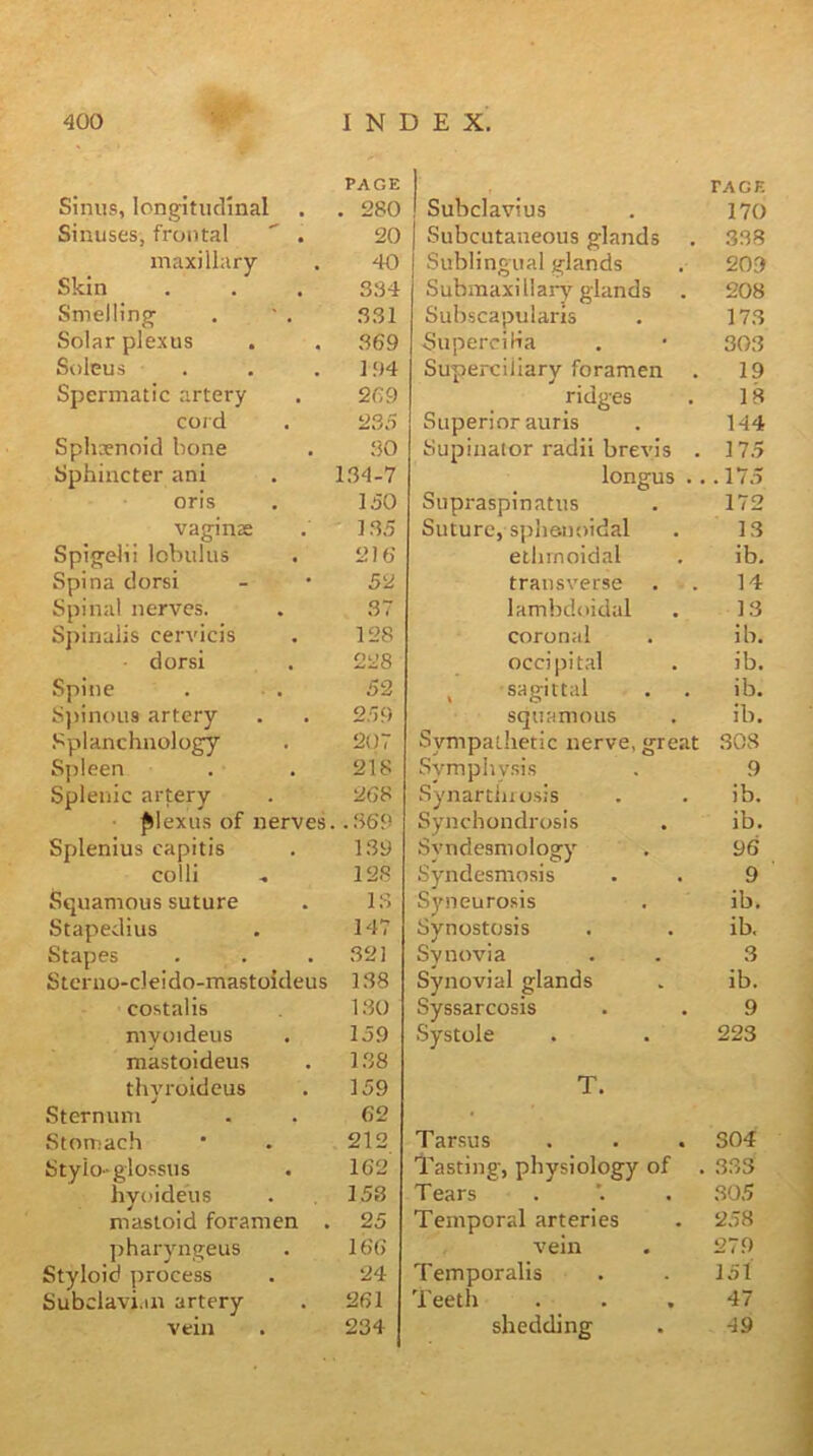 ^ \ 400 I N D E X. Sinus, longitudinal PAGE . 280 Sinuses, frontal  . 20 maxillary 40 Skin S34 Smelling .331 Solar plexus 369 Sulcus 194 Spermatic artery 269 cord 23.T Sphenoid bone .30 Sphincter ani 1.34-7 oris 150 vaginBe 135 Spigelii lobulus 2)6' Spina dorsi 52 Spinal nerves. .37 Spinalis cervicis 128 dorsi 228 Spine . ■ . 52 S))inous artery 259 Splanchnology 207 Sjdeen 218 Splenic artery 268 ■ plexus of nerves . .36.9 Splenius capitis 139 colli 128 Squamous suture 1.3 Stapedius 147 Stapes .321 Steruo-cleido-mastoideus 138 costalis 1.30 myoideus 159 mastoideus 1.38 thyroideus 159 Sternum 62 Stomach 212 Stylo-glossus 162 hyoideus 158 mastoid foramen . 25 pharyngeus 166 Styloid process 24 Subclavi.m artery 261 vein 234 Subclavius PAGE 170 Subcutaneous glands 338 Sublingual glands 209 Submaxi 11 ary'glands 208 Subscapularis 17.3 SuperciHa 303 Superciliary foramen 19 ridges 18 Superior auris 144 Supinator radii brevis . 175 longus .. . 17.5 Supraspinatus 172 Suture, sphenoidal ethmoidal 13 ib. transverse 14 lambdoidal 13 coronal ib. occipital ib. ^ sagittal ib. squamous ib. Sympathetic nerve, great 308 Symphysis 9 Synartiuosis ib. Synchondrosis ib. Syndesmology Syndesmo.sis 96 9 Syneurosis Synostosis ib. ib. Synovia 3 Synovial glands ib. Syssarcosis 9 Systole 223 T. Tarsus 304 Tasting, physiology of . 333 Tears .305 Temporal arteries 258 vein 279 Temporalis Teeth 151 47 shedding 49