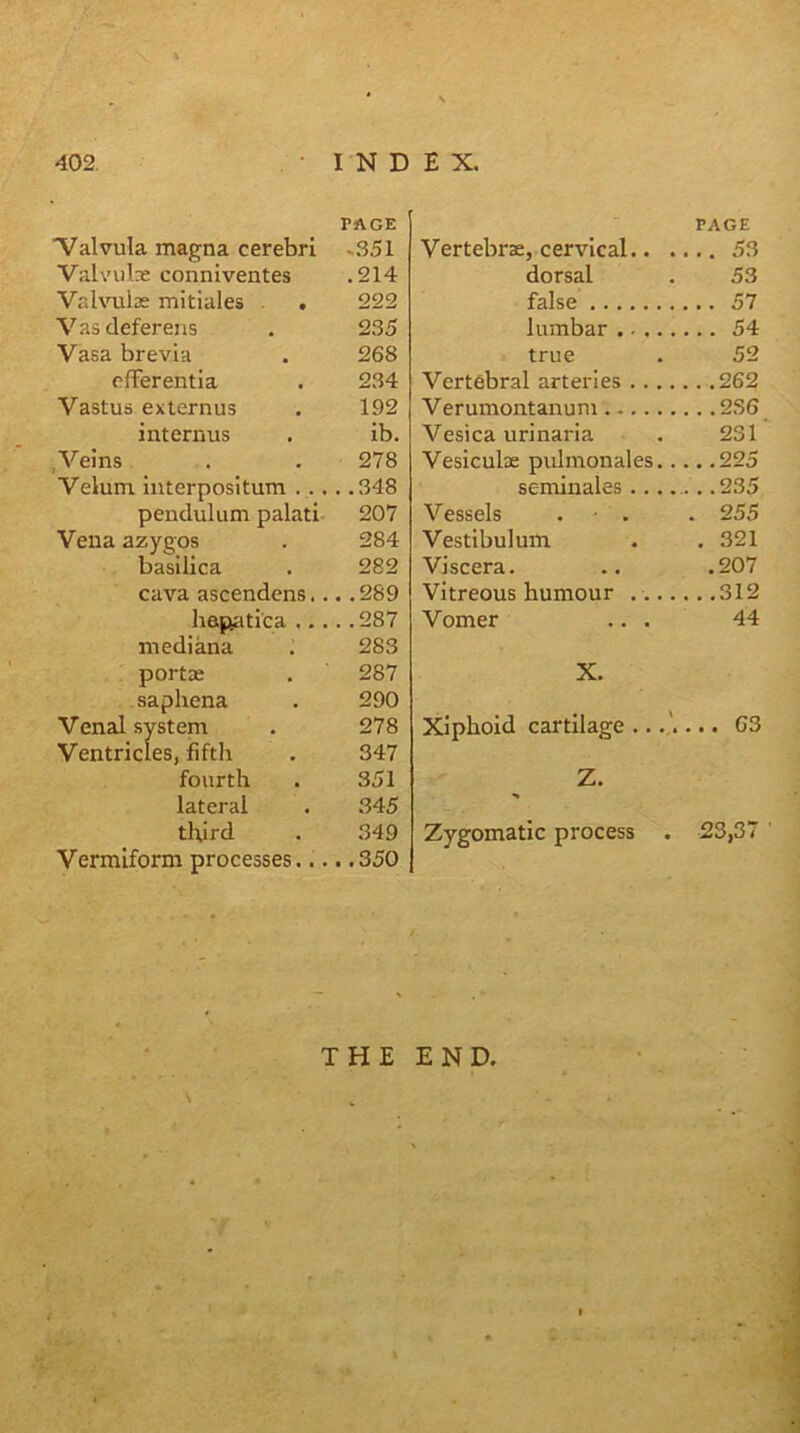 Valvula magna cerebri PAGE ,351 Valvulae conniventes ,214 Vahmlae mitiales . 222 Vas deferens 235 Vasa brevia 268 cfTerentia 234 Vastus exiernus 192 internus fb. , Veins 278 Velum interpositum ... . .348 pendulum palati- 207 Vena azygos 284 basilica 282 cava ascendens.. . .289 hep^itica ,.. . .287 mediana 283 portx 287 saphena 290 Venal system 278 Ventricles, fifth 347 fourth 351 lateral 345 third .349 Vermiform processes... PAGE Vertebrae, cervical.. .... 53 dorsal . 53 false 57 lumbar 54 true . 52 Vertebral arteries 262 Verumontanum 236^ Vesica urinaria . 231 Vesiculx pulinonales 225 seminales 235 Vessels . ■ . . 255 Vestibulum . ,321 Viscera. .. .207 Vitreous humour 312 Vomer ... 44 X. Xiphoid cartilage G3 Z. Zygomatic process . 23,37 THE END,