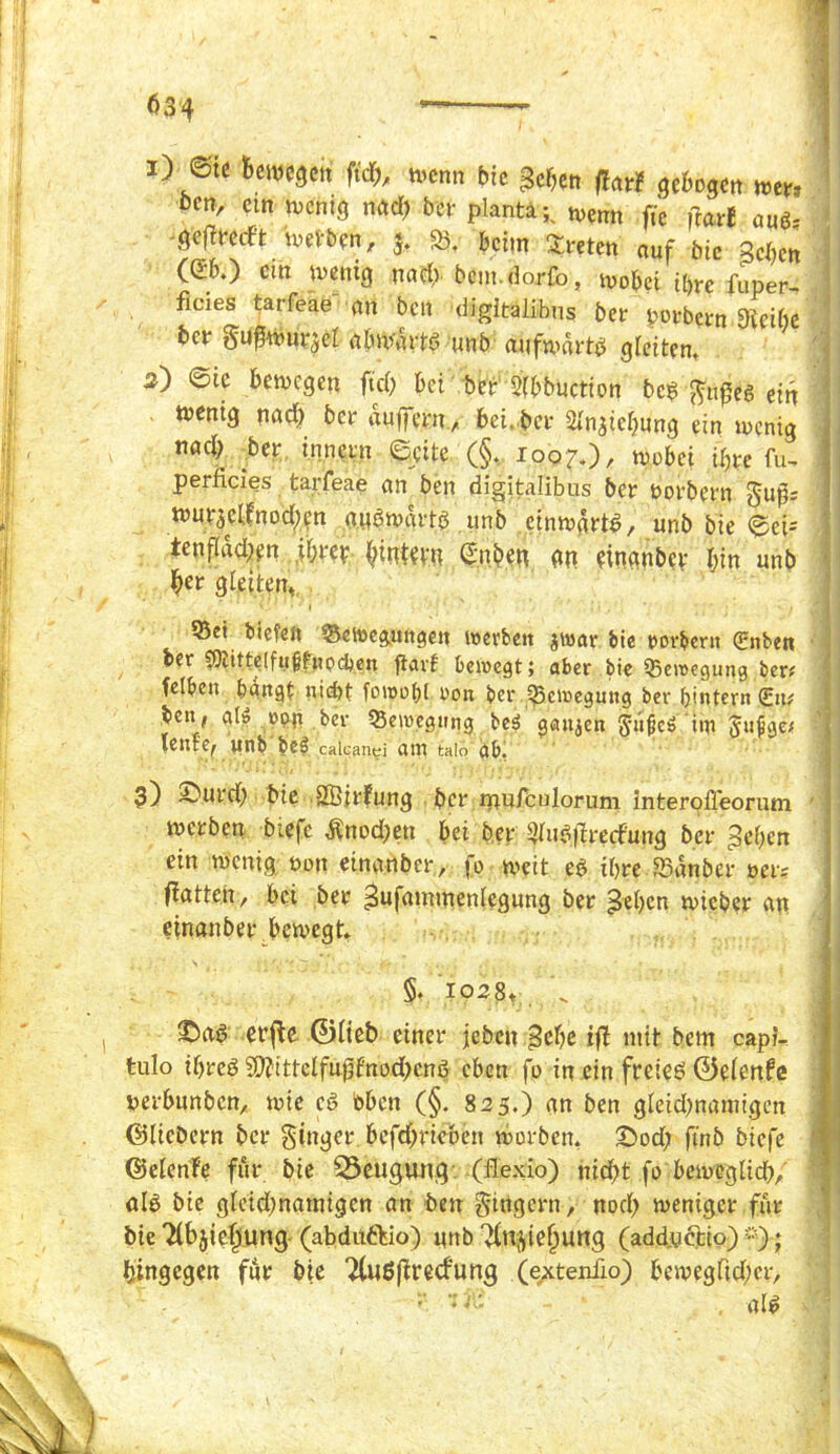 3) ete Bewegen ffdfr, wenn bic geben flatf gebogen wer* bcn' ein «>«**6 n«d) ber plantar wenn fie far* aug- -gereift werben, jt 53, beim treten auf bie geben (&.) cm wenig na$- bcm.dorfo, wobei ihre fuper- ficies tarfeae an bcn digitalibus ber porbern 9ieibo ber guffWii^er abt^itg unb aufwärts gleiten, i) ©ic bewegen ftch bei ber 3(bbuction beg gfißeg ein wenig nad) ber duffern., bei, ber SInjiebung ein wenig tmcb bu innern ©eite (§, 1007.), wobei ihre fu- perfides tarfeae an ben digitalibus ber oorbern gu$; wur3clfnod;en angwdrtg unb cinwdrtg, unb bie ©ei= tenf(dd;en jbvep hinta CS.nb.W dn einanbet bin unb ber gleiten, v ' *' 1 ;' ’ ' j ’ / 55ei biefen ©ewe&tmgen werben $war bie oorbern (Enbett ber 9)titte[fti§fnpd)en flaif bewegt; aber bie Q5eroegung ber; felbcn bangt nid)t fowolfi oon ber Bewegung ber bintern (Eit; ben, cd» opn ber Bewegung beS ganzen Jüfeö itn ^tifge; lente, unb caican^i am taio ab. 3) £mrd; bic SEBirfung ber mufculorum InteroiTeorum werben biefe Änod;en bei ber SJlud^rerfung ber geben ein wenig non einanber, fo weit eg ihre 53dnber »er? flattert, bei ber gufammenlegung ber geben wicber an einanber bewegt, §. 1028, \ ©ad erfte ©lieb einer jeben gebe ift mit bem capi- tulo iljreg 50?ittelfu|3fnod>cng eben fo in ein freieg ©elenfe perbnnben, wie cg Pben (§. 825.) an ben gleidmamigen ©liebem ber ginger. befd;rieben worben, ©od; finb biefe ©elenfe für. bie 33eugung (flexio) nicht fo beweglich/ alg bie gleidmamigen an ben gtngern, noch weniger für bie Tlbjiefjiung (abdn&io) unb $t%iel)Uttg (adduetto); hingegen für bie Tlußfirecfung (extenfio) bewegftd;cr, -• -:ii; alg