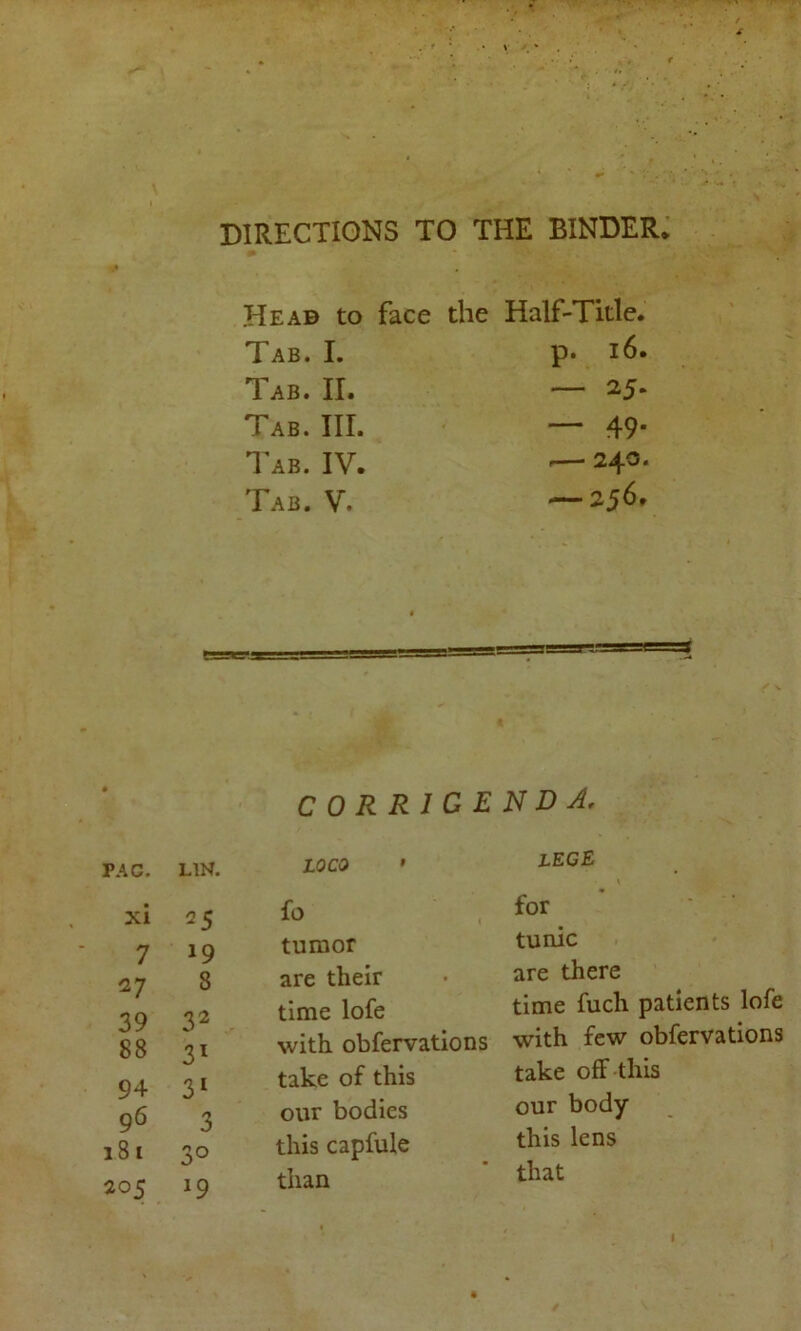 PAC. xi 7 27 39 88 94 96 181 205 DIRECTIONS TO THE BINDER* Head to face the Half-Title. Tab. I. p. 16. Tab. II. — 2 5. Tab. III. — 49- Tab. IV. ,— 240. Tab. V. — 256. LIN. 25 fo 19 tumor 8 are their 32 time lofe 2i with obfervations 21 take of this 2 our bodies ;o this capfule 19 than lege \ for tunic are there time fuch patients lofe with few obfervations take off this our body this lens that CO R. R 1 G E N D A, LOCO 1
