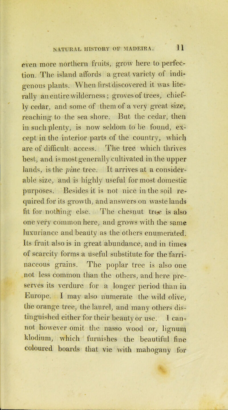 -I NATURAL HISTORY OF MADEIRA. 11 even more northern fruits, grow here to perfec- tion. The island affords a great variety of indi- genous plants. When first discovered it was lite- rally an entire wilderness; groves of trees, chief- ly cedar, and some of them of a very great size, reaching to the sea shore. But the cedar, then in such plenty, is now seldom to be found, ex- cept in the interior parts of the country, which are of difficult access. The tree which thrives best, and is most generally cultivated in the upper lands, is the pine tree. It arrives at a consider- able size, and is highly useful for most domestic purposes. Besides it is not nice in the soil re- quired for its growth, and answers on waste lands fit for nothing else. The chesnut trtje is also one very common here, and grows with the same luxuriance and beauty as the others enumerated. Its fruit also is in great abundance, and in times of scarcity forms a useful substitute for the farri- naceous grains. The poplar tree is also one not less common than the others, and here pre- serves its verdure for a longer period than in Europe. I may also numerate the wild olive, the orange tree, the laurel, and many others dis- tinguished either for their beauty or use. I can- not however omit the nasso wood or, lignurp klodium, which furnishes the beautiful fine coloured boards that vie with mahogany for Ik.