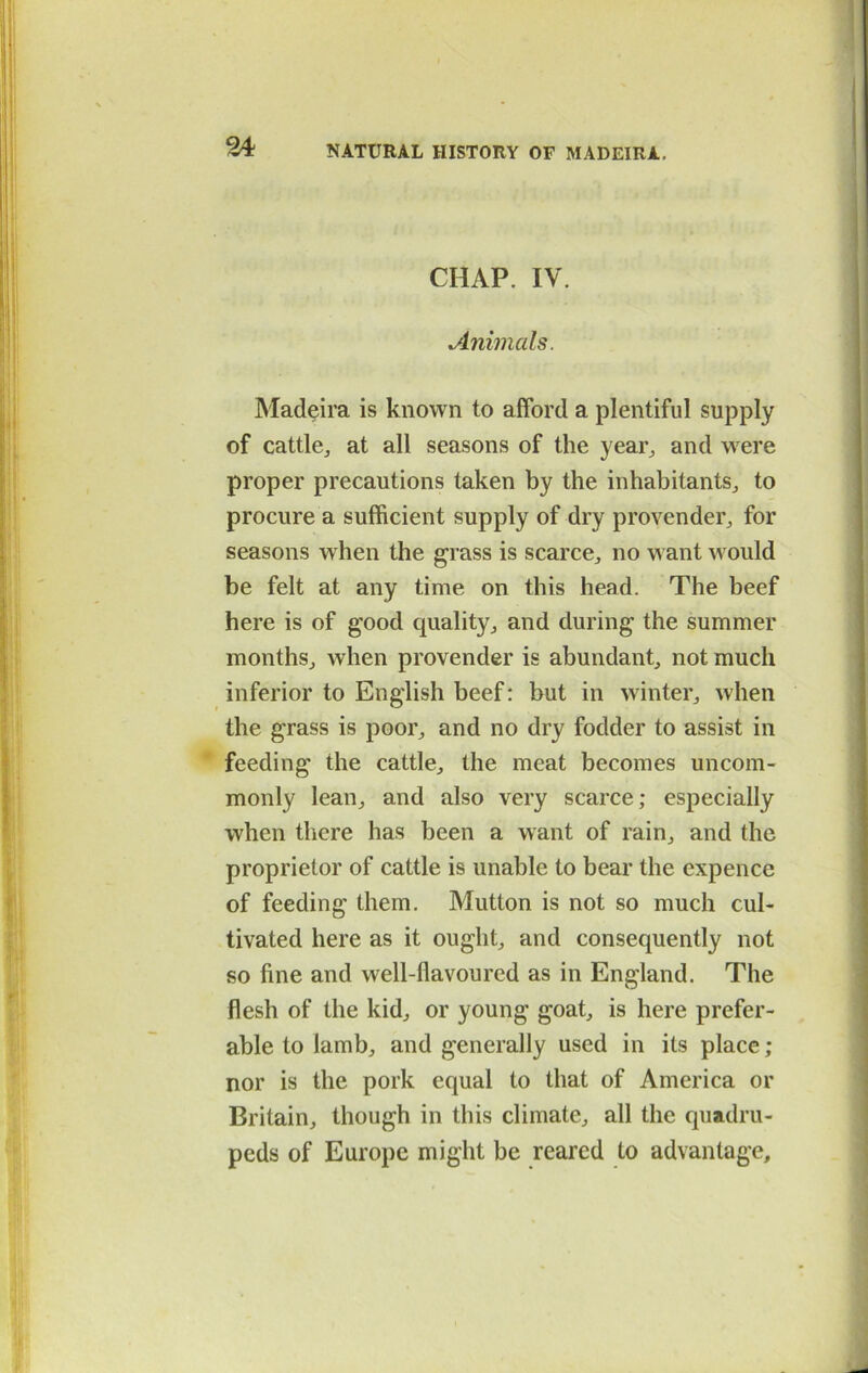 CHAP. IV. Animals. Madeira is known to afford a plentiful supply of cattle,, at all seasons of the year, and were proper precautions taken by the inhabitants, to procure a sufficient supply of dry provender, for seasons when the grass is scarce, no want would be felt at any time on this head. The beef here is of good quality, and during the summer months, when provender is abundant, not much inferior to English beef: but in winter, when the grass is poor, and no dry fodder to assist in feeding the cattle, the meat becomes uncom- monly lean, and also very scarce; especially when there has been a want of rain, and the proprietor of cattle is unable to bear the expence of feeding them. Mutton is not so much cul- tivated here as it ought, and consequently not so fine and well-flavoured as in England. The flesh of the kid, or young goat, is here prefer- able to lamb, and generally used in its place; nor is the pork equal to that of America or Britain, though in this climate, all the quadru- peds of Europe might be reared to advantage.