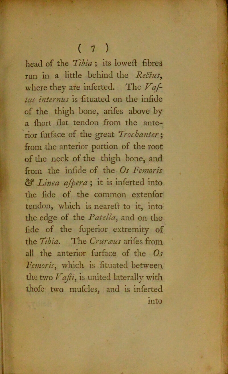 head of the Tibia ; its lowed: fibres run in a little behind the ReElus, where they are inferted. The Vaf- tus inter mis is fituated on the infide of the thigh bone, arifes above by a lhort flat tendon from the ante- rior furface of the great Trochanter; from the anterior portion of the root of the neck of the thigh bone, and from the infide of the Os Femoris & Linea afpera ; it is inferted into the fide of the common extenfor tendon, which is neared to it, into the edge of the Patella, and on the fide of the fuperior extremity of the Tibia. The Cruraus arifes from all the anterior furface of the Os Femoris, which is fituated between the two Vajli, is united laterally with thofe two mufcles, and is inferted into