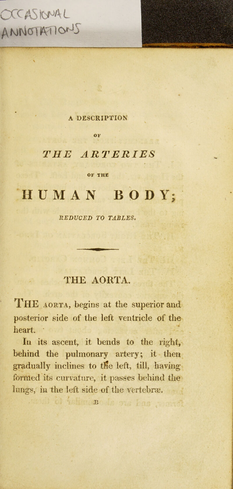 CXC AS L A DESCRIPTION \ OF THE ARl^ERIES OF THE HUMAN BODY; REDUCED TO TABLES. THE AORTA. The AORTA, begins at the superior and posterior side of the left ventricle of the heart. - In its ascent, it bends to the right, behind the pulmonary artery; it then gradually inclines to tffe left, till, having formed its curvature, it passes behind the lungs, in the left side of the vertebrae.