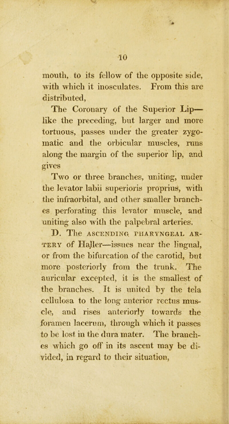 mouth, to its fellow of the opposite side, with which it inosculates. From this are distributed, The Coronary of the Superior Lip— like the preceding, but larger and more tortuous, passes under the greater zygo- matic and the orbicular muscles, runs along the margin of the superior lip, and gives Two or three branches, uniting, under the levator labii superioris propriiis, with the infraorbital, and other smaller branch- es perforating this levator muscle, and uniting also with the palpebral arteries. D. The ASCENDING TilARYNGEAL AR- TERY of Hajler—issues near the lingual, or from the bifurcation of the carotid, but more posteriorly from the trunk. The auricular excepted, it is the smallest of the branches. It is united by the tela cellulosa to the long anterior rectus mus- cle, and rises anteriorly towards the foramen lacerum, through which it passes to be lost in the dura mater. The branch- es which go off in its ascent may be di- vided, in regard to their situation,