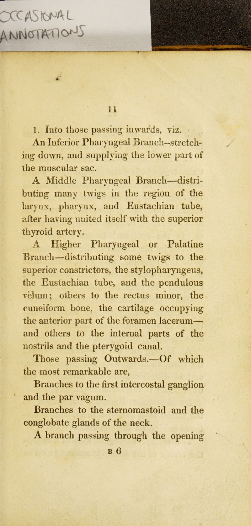 5teaMMtaMMiiiiritffWiiiiiiii*» wir^M ii 1. into those passing inwards, viz. An Inferior Pharyngeal Branch—stretch- ing down, and supplying the lower part of the muscular sac. A Middle Pliarvngeal Branch—distri- billing many twigs in the region of the larynx, pharynx, and Eustachian tube, after having united itself with the superior thyroid artery. A Higher Pharyngeal or Palatine Branch—distributing some twigs to the superior constrictors, the stylopharyngeus, the Eustachian tube, and the pendulous t velum; others to the rectus minor, the cuneiform bone, the cartilage occupying the anterior part of the foramen laceriim— and others to the internal parts of the nostrils and the pterygoid canal. Those passing Outwards.—Of which the most remarkable are. Branches to the first intercostal ganglion * and the par vagiim. Branches to the sternomastoid and the conglobate glands of the neck. A branch passing through the opening