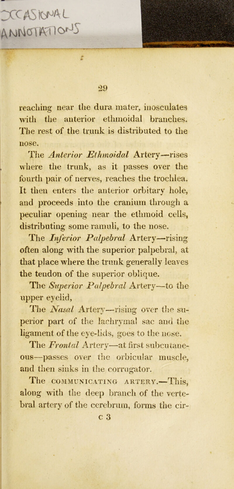 ^CCAStW^At AMNoitsrn<^''j > M 29 I reaching near the dura mater, inosculates with the anterior ethmoidal branches. The rest of the trunk is distributed to the nose. The Anterior Ethmoidal Artery—rises i , where the trunk, as it passes over the fourth pair of nerves, reaches the trochlea. It then enters the anterior orbitary hole, » and proceeds into the cranium through a peculiar opening near the ethmoid cells, distributing some rainuli, to the nose. The Inferior Palpebral Artery—rising often along with the superior palpebral, at that place where the trunk generally leaves the tendon of the superior oblique. I The Superior Palpebral Artery—to the upper eyelid, I The Nasal Artery—rising over tlie su- ' . ^ o ! perior part of the lachrymal sac and the , ligament of the eye-lids, goes to the nose. The Frontal Artery—at first subcutane- ous—passes over the orbicular muscle, and then sinks in the comigator. The COMMUNICATING ARTERY.—Tllis, along with the deep branch of the verte- bral artery of the cerebrum, forms the cir- c 3 \