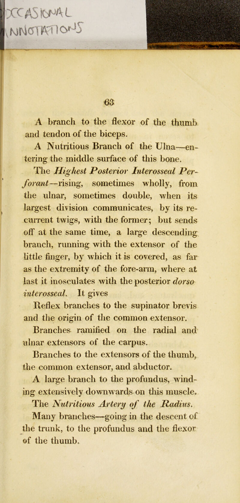 xCASfoNAl 63 A branch to the flexor of the thumb and tendon of the biceps. A Nutritious Branch of the Ulna—en- tering the middle surface of this bone. The Highest Posterior Interosseal Per-- forant—rising, sometimes wholly, from the ulnar, sometimes double, when its largest division communicates, by its re- current twigs, with the former; but sends off at the same time, a large descending, branch, running with the extensor of the little finger, by which it is covered, as far as the extremity of the fore-arm, where at last it inosculates with the posterior dorso interosseal. It gives Reflex branches to the supinator brevis and the origin of the common extensor. Branches ramified on the radial and ulnar extensoi^s of the carpus. Branches to the extensors of the thumb, the common extensor, and abductor. A large branch to the profundus, wind- ing extensively downwards on this muscle. The Nutritious Artery of the Radius, Many branches—going in the descent of the trunk, to the profundus and the flexor of the thumb.