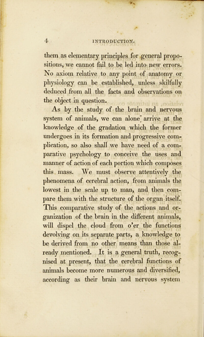 them as elementary principles for general propo- sitions, we cannot fail to be led into new errors. No axiom relative to any point of anatomy or physiology can be established, unless skilfully deduced from all the facts and observations on the object in question. As by the study of the brain and nervous system of animals, we can alone” arrive at the knowledge of the gradation which the former undergoes in its formation and progressive com- plication, so also shall we have need of a com- parative psychology to conceive the uses and manner of action of each portion which composes this mass. We must observe attentively the phenomena of cerebral action, from animals the lowest in the scale up to man, and then com- pare them with the structure of the organ itself. This comparative study of the actions and or- ganization of the brain in the different animals, will dispel the cloud from o’er the functions devolving on its separate parts, a knowledge to be derived from no other means than those al- ready mentioned. It is a general truth, recog- nised at present, that the cerebral functions of animals become more numerous and diversified, according as their brain and nervous system