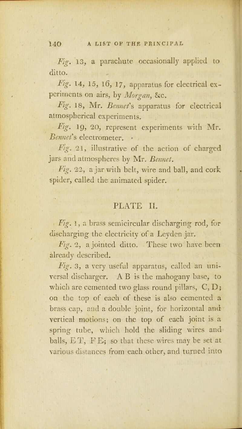 Fig, 13^ a parachute occasionally applied to ditto. Fig. I4y 15, l6, ly, apparatus for electrical ex- periments on airs, by Morgan, &c. Fig. 18, Mr. Bennefs apparatus for electrical atmospherical experiments. Fig. 19, 20, represent experiments with Mr. Bennet\ electrometer. * Fig. 21, illustrative of the action of charged jars and atmospheres by Mr. BenneJ. Fig. 22, a jar with belt, wire and ball, and cork spider, called the animated spider. PLATE IL Fig. 1, a brass semicircular discharging rod, for discharging the electricity of a Leyden jar. Fig. 2, a jointed ditto. These two have been already described. Fig. 3, a very useful apparatus, called an uni- versal discharger. A B is the mahogany base, to which are cemented two glass round pillars, C, D; on the top of each of these is also cemented a brass cap, and a double joint, for horizontal and vertical motions; on- the top of each joint is a spring tube, which hold the sliding wires and balls, ET, FR; so that these wires may be set at various distances from each other, aruMurned into i