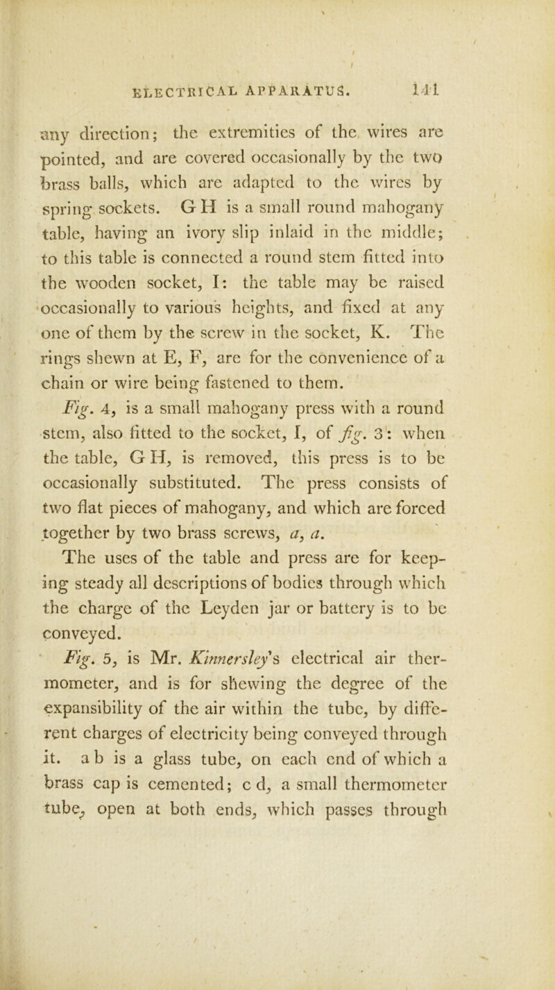 KLECTRICAL APPARATUS. 141 uny direction; the extremities of the, wires are pointed, and are covered occasionally by the two brass balls, which are adapted to the wires by spring sockets. GH is a small round mahogany table, having an ivory slip inlaid in the middle; to this table is connected a round stem fitted into the wooden socket, I: the table may be raised ’Occasionally to various heights, and fixed at any one of them by the screw in the socket, K. The rings shewn at E, F, are for the convenience of a chain or wire being fastened to them.' Fig. 4, is a small mahogany press with a round stem, also fitted to the socket, I, of Jig. 3': when * / the table, G H, is removed, this press is to be occasionally substituted. The press consists of two flat pieces of mahogany, and which are forced together by two brass screws, a. The uses of the table and press are for keep- ing steady all descriptions of bodies through which the charge of the Leyden jar or battery is to be conveyed. Fig. 5, is Mr. Kinnersley s electrical air ther- mometer, and is for shewing the degree of the expansibility of the air within the tube, by diffe- rent charges of electricity being conveyed through it. a b is a glass tube, on each end of which a brass cap is cemented; c d, a small thermometer tube^ open at both ends, which passes through