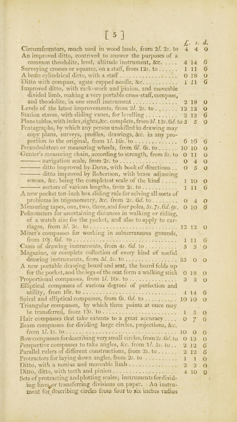 Circumferentors, much used in wood lands, from 2/. 2s. to 4 4 O An improved ditto, contrived to answer the purposes of a common theodolite, level, altitude instrument, &:c 4 14 6 Surveying crosses or squares, on a staff, from 12j. to 1 11 6 A bnfss cylindrical ditto, with a staff 018 O Ditto with compass, agate capped needle, &c 1 11 O' Improved ditto, with rack-work and pinion, and moveable divided limb, making a very portable cross-staff, compass^ and theodolite, in one small instrument 2'18 O Levels of the latest improvements, from 2/. 2,v. to . 12 12 O Station staves, with sliding vanes, for levelling 2 12 0 Planetables,with index,sights,&c, complete, from3/. ISr.O^f.to 5 5 0 Pentagraphs, by which any person unskilled in drawing may copy plans, surveys, profiles, drawings, &c. in any pro- portion to the original, from l/. l&.'to 6 It) 6 Perambulators or measuring wheels, from 6/. 6s. to 10 10 6 Gunter’s measuring chain, according to strength, from 5j. to O 11 O navigation scale, from 2j. to O 4 O ditto improved by-Donn, with book of directions ..0 5 0. • ditto improved by Robertson, with brass adjusting screws, &c. being the completest scale of the kind 110 O sectors of various lengths, from 2r. to Ill 6 A new pocket ten-inch box sliding rule for solving all sorts of problems in trigonometry, &c. from 2s. 6d. to O 4 O IMeasuring tapes, one, two, three, and four poles, 5s. /s. 6d. f)!. 0 10 6 Pedeometers for ascertaining distances in walking or riding, of a watch size for the pocket, and also to apply to car- riages, from 3l. 3s. to 12 12 O jVIiner’s compasses for working in subterraneous grounds, from 10/. 6d. to 1 n Q Gases of drav/ing instruments, from 4s. 6d. to 5 5 ' 0 Magazine, or complete collection of every kind of useful drawing instruments, from 5l. 5s. to 35 o O A new portable drawing board and seat, the board folds up for the pocket, and the legs of the seat form a walking stick 0 18 O Proportional compasses, from l/. IOjt. to 3 3 q Elliptical compasses of various degrees of perfection and utility, from 165. to 4 14 6 Spiral and elliptical compasses, from 6s. 6d. to . 10 10 O Triangular compasses, by which three points at once may be transferred, from to 1 5 o Hair compasses that take extents to a great accuracy .... O 7 () Beam compasses for dividing large circles, projections, kc, from 1/. iJ. to 10 O 0 Bow compasses for describing ver}^ small circles, from 2^.0V/. to O 12 O Perspective compasses to take angles, &:c. from l/. 5s. to . . 2 12 D Parallel rulers of different constructions, from 2s. to 2 12 6 Protractors for laying down angles, from 2r. to 1 1 q Ditto, with a nonius and moveable limb 2 2 O Ditto, ditto, with teeth and pinion . . .^ 4 10 q Sets of protracting and plotting scales 5 instruments for divid- ing lines^or transferring divisions on paper. An instru- ment for describing circles from four to six inches radius