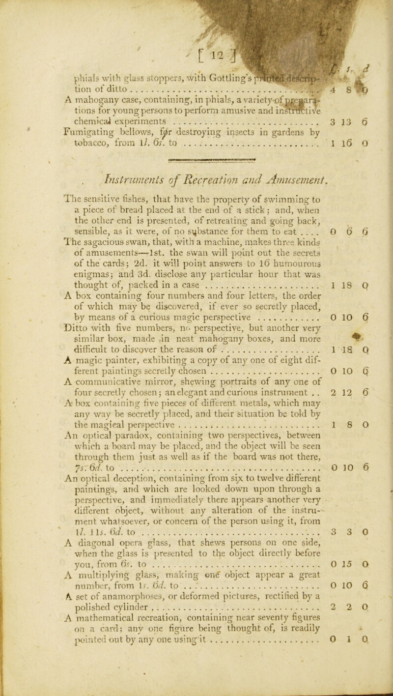 ' ’ V?- d phicds with glass stoppers, with Gottling s ‘ ^ tion of ditto , 4 8 «ib A mahogany case, containing, in phials, 21 variety-of tions for young persons to perform amusive and in^rWtive chemicai experiments 3 13 6 Fumigating bellows, i^x destroying irisects in gardens by tobacco, from l/. to 1 16 O Instruments of Recreatmi and Amusement. The sensitive hshes, tliat have the property of swimming to a piece of bread placed at the end of a stick 5 and, when the other end is presented, of retreating and going back, sensible, as it were, of no si^bstance for them to eat .... 0 6 6 The sagacious swan, that, with a machine, makes three kinds of amusements—1st. the swan will point out the secrets of the cards; 2d. it will point answers to 16 humourous enigmas; and 3d. disclose any particular hour that was thought of, packed in a case 1 18 Q A box containing four numbers and four letters, the order of which may be discovered, if ever so secretly placed, by means of a curious magic perspective 0 10 6 Ditto with live numbers, nc. perspective, but another very similar box, made .in neat mahogany boxes, and more difficult to discover the reason of 118 0 A magic painter, exhibiting a copy of any one of eight dif- ferent paintings secretly chosen 0 10 A communicative mirror, shewing portraits of any one of four secretly chosen; an elegant and curious instrument . . 2 12 0 A box containing five pieces of different metals, which may any way be secretly placed, and their situation be told by the magical perspective . 1 8 O An optical paradox, containing two perspectives, between which a board may be placed, and the object will be seen through them just as well as if the board was not there, 7s. 6d. to \ 0 10 6 An optical deception, containing from six to twelve different paintings, and which are looked down upon through a perspective, and immediately there appears another very different object, without any alteration of the instru- ment whatsoever, or concern of the person using it, from I/. 1 Is. ()A to ' *. . . 3 3 0 A diagonal opera glass, that shews persons on one side, v/hen the glass is presented to the object directly before you, from (if. to 0 15 O A multiplying glass, making on^ object appear a great number, from If. OV/. to'. . 0 10 6 A set of anamorpho.ses, or deformed pictures, rectified by a polished cylinder 2 2 O A mathematical recreation, containing near seventy figures on a card; any one figure being thought of, is readily