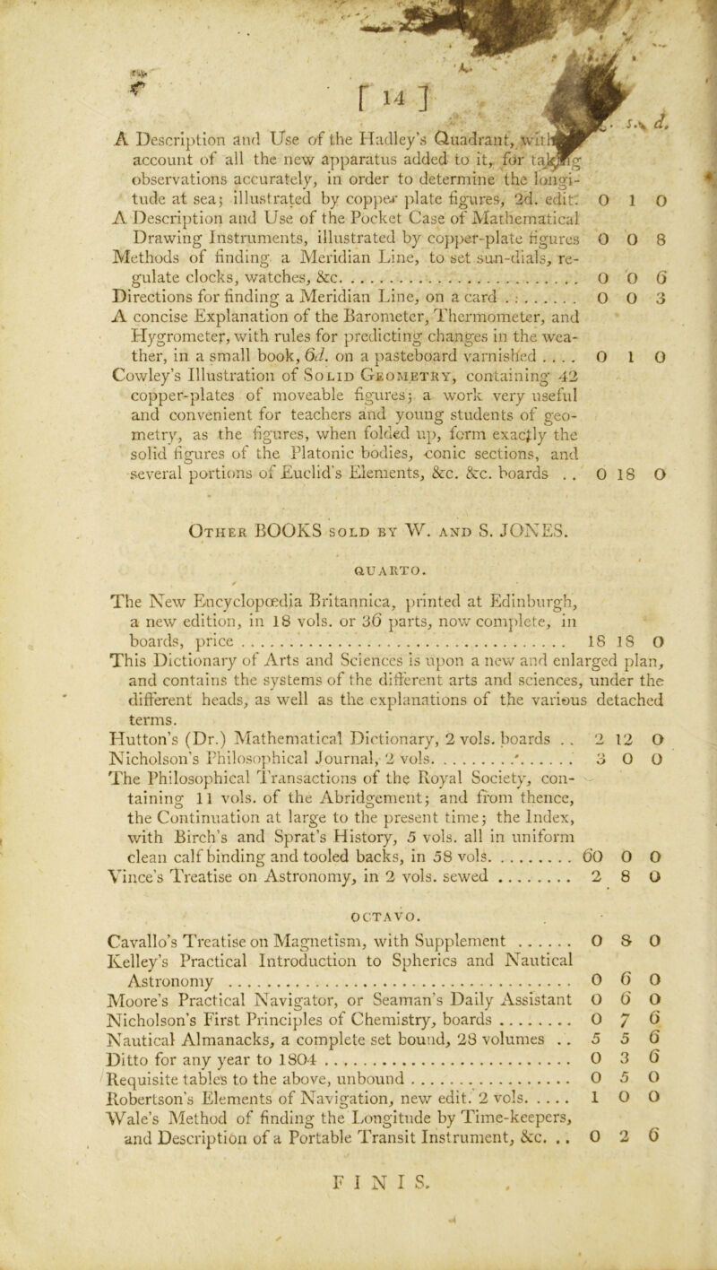 r d. A Description and Use of the Hadley’s Quadrant,^xvit account of all the new apparatus added to it^ for taji^g observations accurately, in order to determine the longi- tude at sea; Illustrated by coppex plate figures, 2d. edit: 0 10 A Description and Use of the Pocket Case of Mathematical Drawing Instruments, illustrated by copper-plate figures 0 0 8 Methods of finding a Meridian Line, to set sun-dials, re- gulate clocks, watches, &c 0 0 6 Directions for finding a Meridian Line, on a card . ; O O 3 A concise Explanation of the Barometer, Thermometer, and Hygrometer, with rules for predicting changes in the wea- ther, in a small book, 6d. on a pasteboard varnished , , . , 0 I O Cowley’s Illustration of Solid Geometry, containing 42 copper-plates of moveable figures5 a work very useful and convenient for teachers and young students of geo- metry, as the figures, when folded up, form exactly the solid figures of the Platonic bodies, -conic sections, and several portions of Euclid’s Elements, &c. &c. boards . . 0 18 O Other BOOKS sold by W. and S. JONES. QUARTO. ✓ The New Encyclopocdia Britannica, printed at Edinburgh, a new edition, in 18 vols. or 3() parts, now complete, in boards, price 18 18 O This Dictionary of Arts and Sciences is upon a new and enlarged plan, and contains the systems of the different arts and sciences, under the different heads, as well as the explanations of the various detached terms. Hutton’s (Dr.) Mathematical Dictionary, 2 vols. boards . . 2 12 O Nicholson’s Philosophical Journal, 2 vols ' .' 3 0 0 The Philosophical I'ransactlons of the Royal Society, con- taining 11 vols. of the Abridgement; and from thence, the Continuation at large to the present time; the Index, with Birch’s and Sprat’s History, 5 vols. all in uniform clean calf binding and tooled backs, in 58 vols 00 0 O Vince’s Treatise on Astronomy, in 2 vols. sewed 2 8 O OCTAVO. Cavallo’s Treatise on Magnetism, with Supplement O 8 O Kelley’s Practical Introduction to Spherics and Nautical Astronomy 0 6 O Moore’s Practical Navigator, or Seaman’s Daily Assistant O 6 O Nicholson’s First Principles of Chemistry, boards 0 7 ^ Nautical Almanacks, a complete set bound, 28 volumes .. 5 5 6 Ditto for any year to 180-4 0 3 6 Requisite tables to the above, unbound 0 5 O Robertson’s Elements of Navigation, nev/ edit. 2 vols 1 O O Wale’s Method of finding the Longitude by Time-keepers, and Description of a Portable Transit Instrument, &c. .. 0 2 () FINIS.