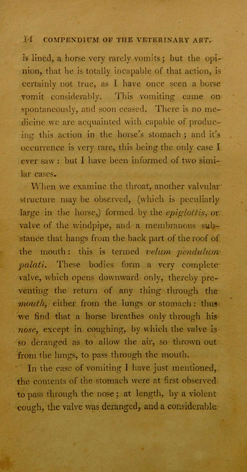 is lined, a horse very rarely vomits 5 but the opi- nion, that he is totally incapable of that action, is certainly not true, as I have once seen a horse vomit considerably. This vomiting came 011 spontaneously, and soon ceased. There is no me- dicine we are acquainted with capable of produc- ing this action in the horse’s stomach ; and it’s occurrence is very rare, this being the only case I ever saw : but I have been informed of two simi- lar cases. When we examine the throat, another valvular structure may be observed, (which is peculiarly large in the horse,) formed by the epiglottis, or valve of the windpipe, and a membranous sub- stance that hangs from the back part of the roof of the mouth: this is termed velum pendulum palati. These bodies form a very complete valve, which opens downward only, thereby pre- venting the return of any thing through the mouth, either from the lungs or stomach : thus we find that a horse breathes only through his nose, except in coughing, by which the valve is so deranged as to allow the air, so thrown out from the lungs, to pass through the mouth. In the ease of vomiting 1 have just mentioned,, the contents of the stomach were at first observed to pass through the nose; at length, by a violent cough, the valve was deranged, and a considerable