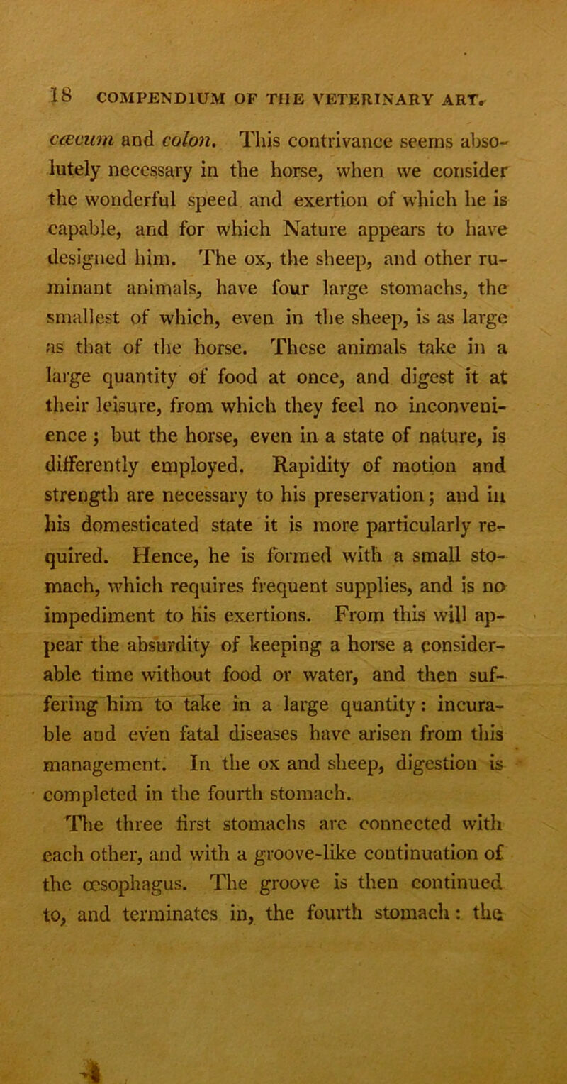 caecum and colon. This contrivance seems abso- lutely necessary in the horse, when we consider the wonderful speed and exertion of which he is capable, and for which Nature appears to have designed him. The ox, the sheep, and other ru- minant animals, have four large stomachs, the smallest of which, even in the sheep, is as large as that of the horse. These animals take in a large quantity of food at once, and digest it at their leisure, from which they feel no inconveni- ence ; but the horse, even in a state of nature, is differently employed. Rapidity of motion and strength are necessary to his preservation; and in his domesticated state it is more particularly re- quired. Hence, he is formed with a small sto- mach, which requires frequent supplies, and is no impediment to his exertions. From this will ap- pear the absurdity of keeping a horse a consider- able time without food or water, and then suf- fering him to take in a large quantity: incura- ble and even fatal diseases have arisen from this management. In the ox and sheep, digestion is completed in the fourth stomach. The three first stomachs are connected with each other, and with a groove-like continuation of the oesophagus. The groove is then continued to, and terminates in, the fourth stomach: the