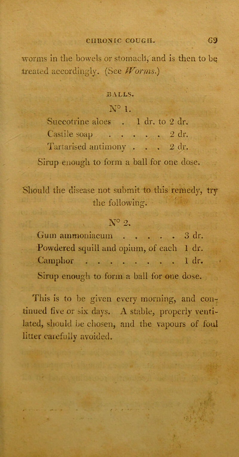 worms in the bowels or stomach, and is then to be .treated accordingly. (See Wonus.) RALLS. N° l. Succotrine aloes . 1 dr. to 2 dr. Castile soap 2 dr. Tartarised antimony ... 2 dr. Sirup enough to form a ball for one dose. Should the disease not submit to this remedy, try the following. N° 2. Gum ammoniacuin 3 dr. Powdered squill and opium, of each 1 dr. Camphor 1 dr. Sirup enough to form a ball for one dose. This is to be given every morning, and con- tinued five or six days. A stable, properly venti- lated, should be chosen, and the vapours of foul litter carefully avoided.