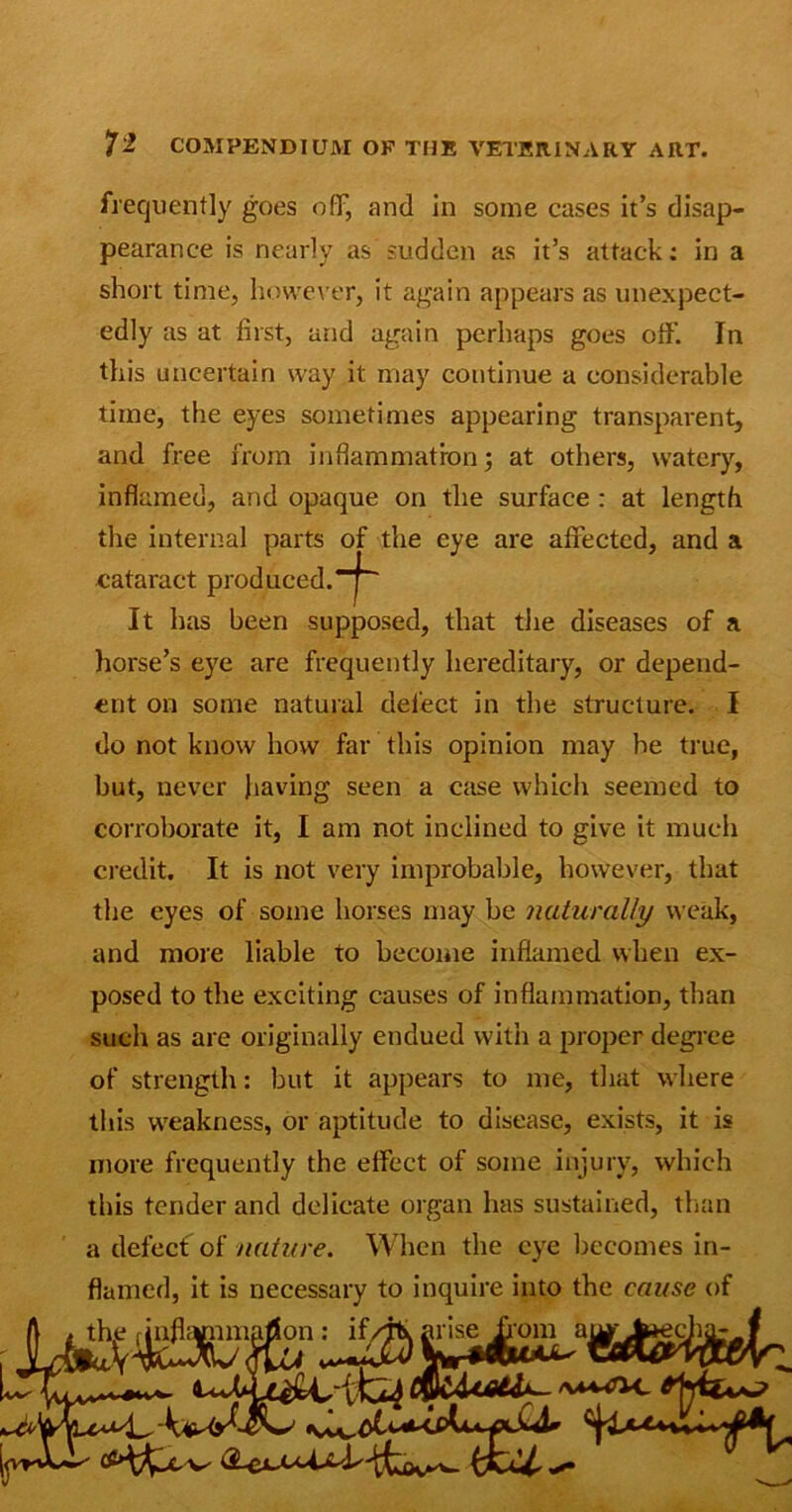 frequently goes off, and in some cases it’s disap* pearance is nearly as’sudden as it’s attack: in a short time, however, it again appears as unexpect- edly as at first, and again perhaps goes off. In this uncertain way it may continue a considerable time, the eyes sometimes appearing transparent, and free from inflammation $ at others, watery, inflamed, and opaque on the surface : at length the internal parts of the eye are affected, and a cataract produced. It has been supposed, that the diseases of a horse’s eye are frequently hereditary, or depend- ent on some natural delect in the structure. I do not know how far this opinion may be true, but, never having seen a case which seemed to corroborate it, I am not inclined to give it much credit. It is not very improbable, however, that the eyes of some horses may be naturally weak, and more liable to become inflamed when ex- posed to the exciting causes of inflammation, than such as are originally endued with a proper degree of strength: but it appears to me, that where this weakness, or aptitude to disease, exists, it is more frequently the effect of some injury, which this tender and delicate organ has sustained, than a defect of nature. When the eye becomes in- flamed, it is necessary to inquire into the cause of  -tt tfcov-^ ✓