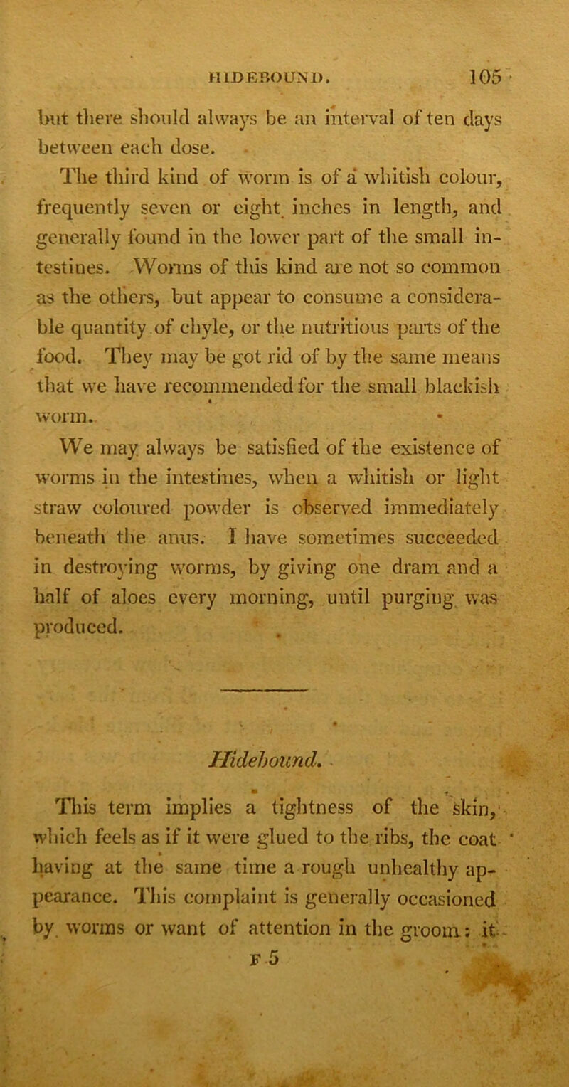 but there should always be an interval of ten days between each dose. The third kind of worm is of a whitish colour, frequently seven or eight inches in length, and generally found in the lower part of the small in- testines. Worms of this kind are not so common as the others, but appear to consume a considera- ble quantity .of chyle, or the nutritious parts of the food. They may be got rid of by the same means that we have recommended for the small blackish worm. We may always be satisfied of the existence of worms in the intestines, when a whitish or light straw coloured powder is observed immediately beneath the anus. 1 have sometimes succeeded in destroying worms, by giving one dram and a half of aloes every morning, until purging was produced. Hidebound. • This term implies a tightness of the skin, which feels as if it were glued to the ribs, the coat * having at the same time a rough unhealthy ap- pearance. This complaint is generally occasioned by worms or want of attention in the groom: it