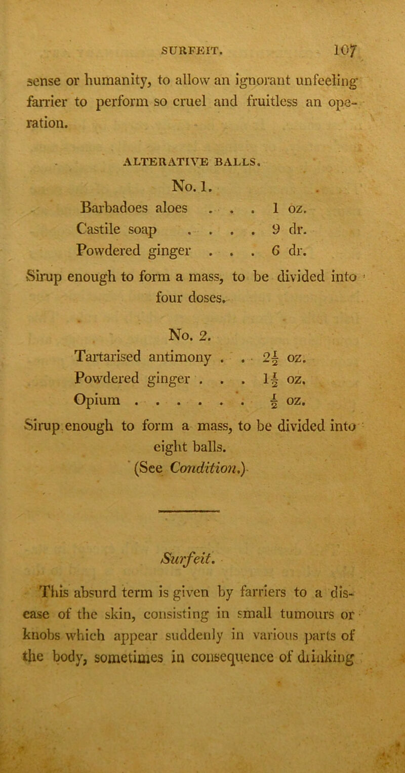 SURFEIT. 10 7 r> sense or humanity, to allow an ignorant unfeeling farrier to perform so cruel and fruitless an ope- ration. ALTERATIVE BALLS. No. 1. Barbadoes aloes . . . 1 oz. Castile soap .... 9 dr. Powdered ginger ... 6 dr. Sirup enough to form a mass, to be divided into j four doses. No. 2. Tartarised antimony . . 2f oz. Powdered ginger . . . If oz. Opium | oz. Sirup enough to form a mass, to be divided into eight balls. (See Condition.) Surfeit. This absurd term is given by farriers to a dis- ease of the skin, consisting in small tumours or knobs which appear suddenly in various parts of the body, sometimes in consequence of drinking