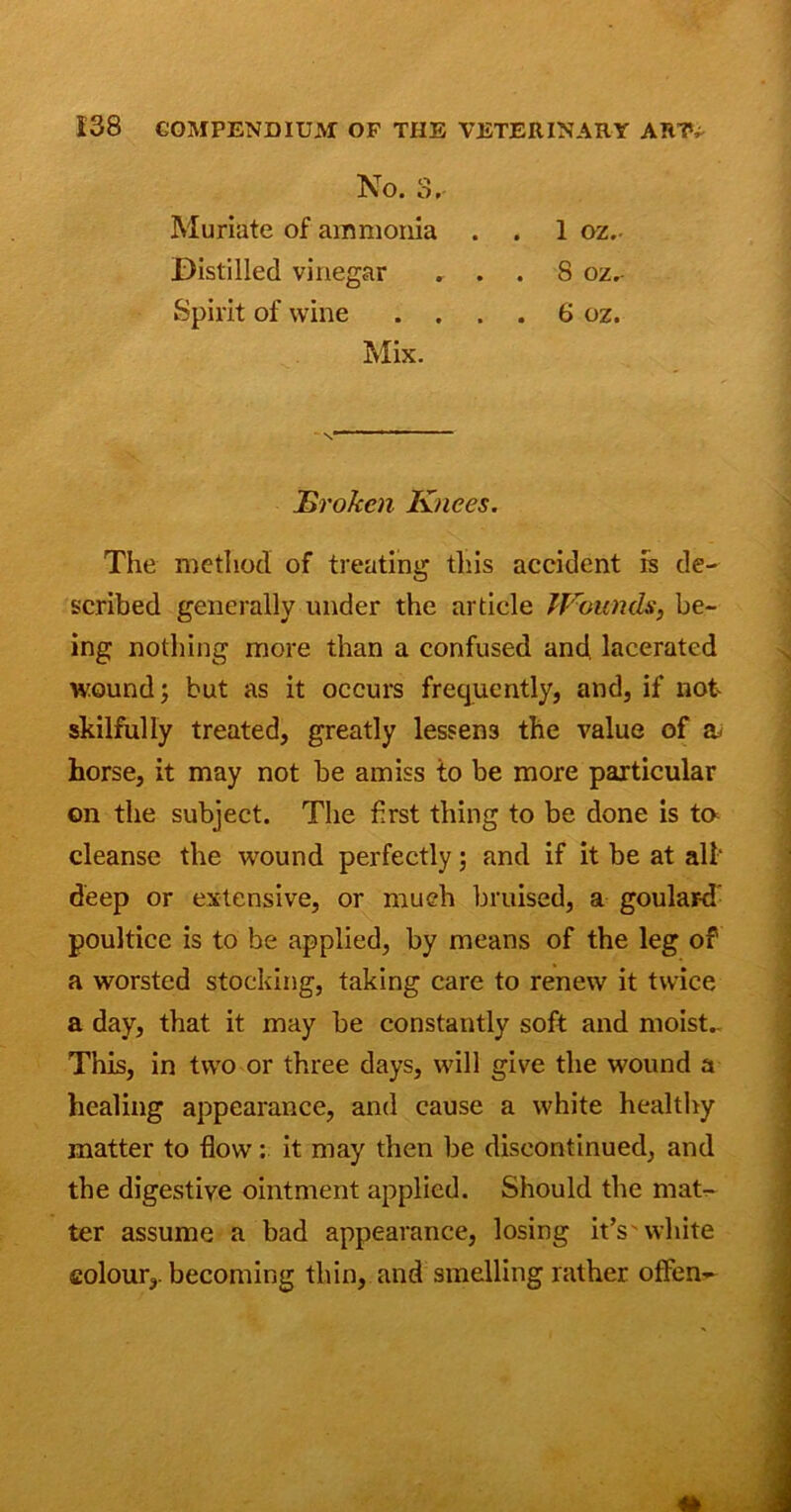 No. 3. Muriate of ammonia . 1 oz. 5 oz.- 6 oz. Distilled vinegar Spirit of wine . . Mix. Broken Knees. The method of treating this accident is de- scribed generally under the article Wounds, be- ing nothing more than a confused and. lacerated wound j but as it occurs frequently, and, if not skilfully treated, greatly lessens the value of a. horse, it may not be amiss to be more particular on the subject. The first thing to be done is ta cleanse the wound perfectly; and if it be at alt deep or extensive, or much bruised, a goulard poultice is to be applied, by means of the leg of a worsted stocking, taking care to renew it twice a day, that it may be constantly soft and moist.. This, in two or three days, will give the wound a healing appearance, and cause a white healthy matter to flow: it may then be discontinued, and the digestive ointment applied. Should the mat- ter assume a bad appearance, losing it’s white colour,, becoming thin, and smelling rather ofFen-