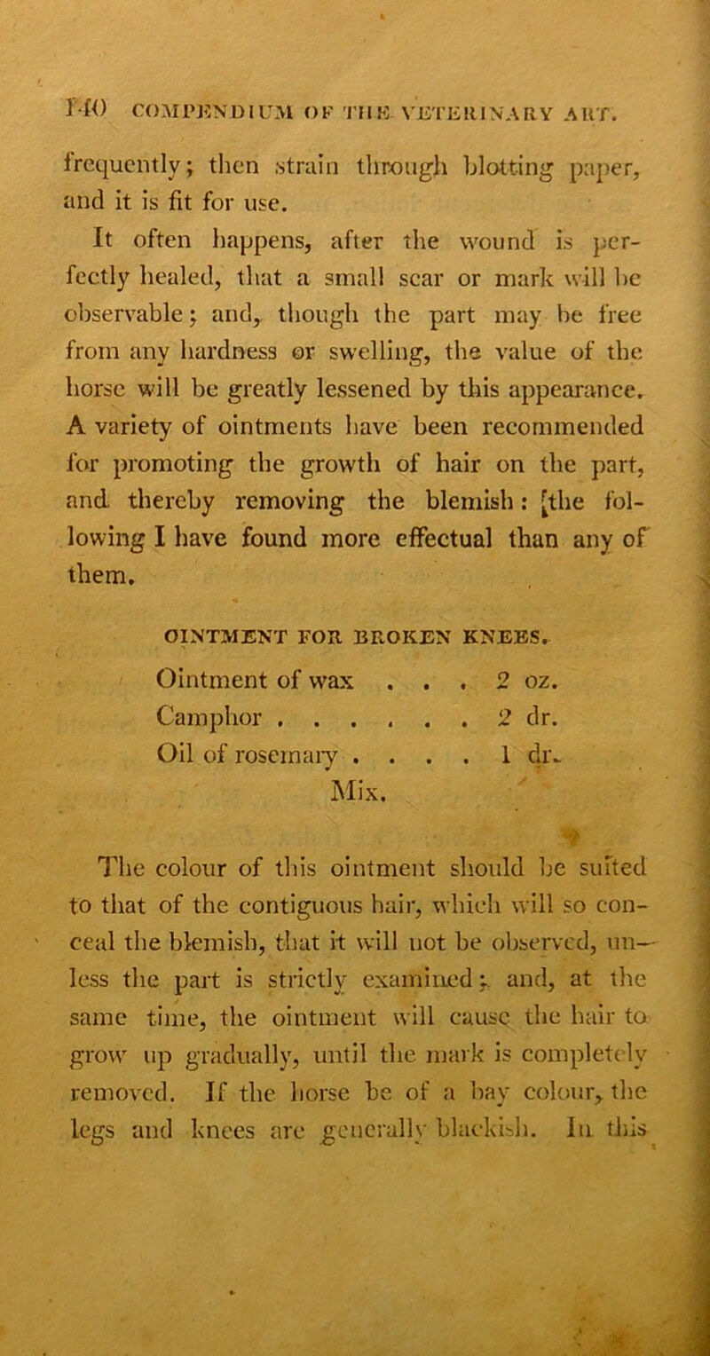 frequently; then strain through blotting paper, and it is fit for use. It often happens, after the wound is per- fectly healed, that a small scar or mark will be observable; and, though the part may be free from any hardness or swelling, the value of the horse will be greatly lessened by this appearance. A variety of ointments have been recommended for promoting the growth of hair on the part, and thereby removing the blemish: [the fol- lowing I have found more effectual than any of them, OINTMENT FOR BROKEN KNEES. Ointment of wrax . . . 2 oz. Camphor 2 dr. Oil of rosemary .... 1 dr- Mix. The colour of this ointment should be suited to that of the contiguous hair, which will so con- ceal the blemish, that it will not be observed, un- less the part is strictly examined and, at the same time, the ointment w ill cause the hair to grow up gradually, until the mark is completely removed. If the horse be of a bay colour, the legs and knees are generally blackish. In tins