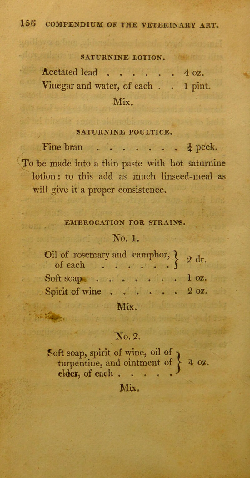 SATURNINE LOTION. Acetated lead . . . . . . 4 oz. Vinegar and water, of each . . 1 pint. Mix. SATURNINE POULTICE. Fine bran \ peck. To be made into a thin paste with hot saturnine lotion: to this add as much linseed-meal as will give it a proper consistence. EMBROCATION FOR STRAINS. No. 1. Oil of rosemary and camphor, 1 of each 3 2 dr. Soft soap-. 1 OZ. Spirit of wine 2 oz. Mix. No. 2. Soft soap, spirit of wine, oil of \ turpentine, and ointment of j elde*, of each ^ ■ 4 oz. Mix.