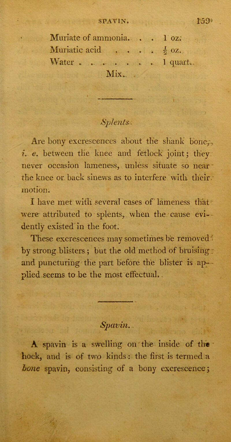SPAVIN. 153s Muriate of ammonia. . . 1 oz; Muriatic acid . . . . £ oz. Water .... . . . 1 quart. Mix. Splents.. Are bony excrescences about the shank bone,. i. e. between tlie knee and fetlock joint; they never occasion lameness, unless situate so near' the knee or back sinews as to interfere with their motion. I have met with several cases of lameness that were attributed to splents, when the cause evi- dently existed in the foot. These excrescences may sometimes be removed  by strong blisters; but the old method of bruising: and puncturing the part before the blister is ap- - plied seems to be the most effectual. Spavin. A spavin is a swelling on the inside of the hock, and is of two kinds: the first is termed a lone spavin, consisting of a bony excrescence;