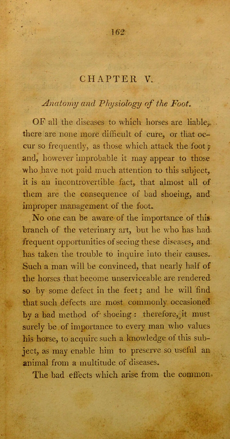 16*2 CHAPTER V. Anatomy and Physiology of the Foot. OF all the diseases to which horses are liable^ there are none more difficult of cure, or that oc- cur so frequently, as those which attack the foot $ and, however improbable it may appear to those who have not paid much attention to this subject, it is an incontrovertible fact, that almost all of them are the consequence of bad shoeing, and improper management of the foot. No one can be aware of the importance of this branch of the veterinary art, but he who has had frequent opportunities of seeing these diseases, and has taken the trouble to inquire into their causes. Such a man will be convinced, that nearly half of the horses that become unserviceable are rendered so by some defect in the feet; and he will find that such defects are most commonly occasioned by a bad method of- shoeing : therefore,;, it must surely be of importance to every man who values his horse, to acquire such a knowledge of this sub- ject, as may enable him to preserve so useful an animal from a multitude of diseases. The bad effects which arise from the common.