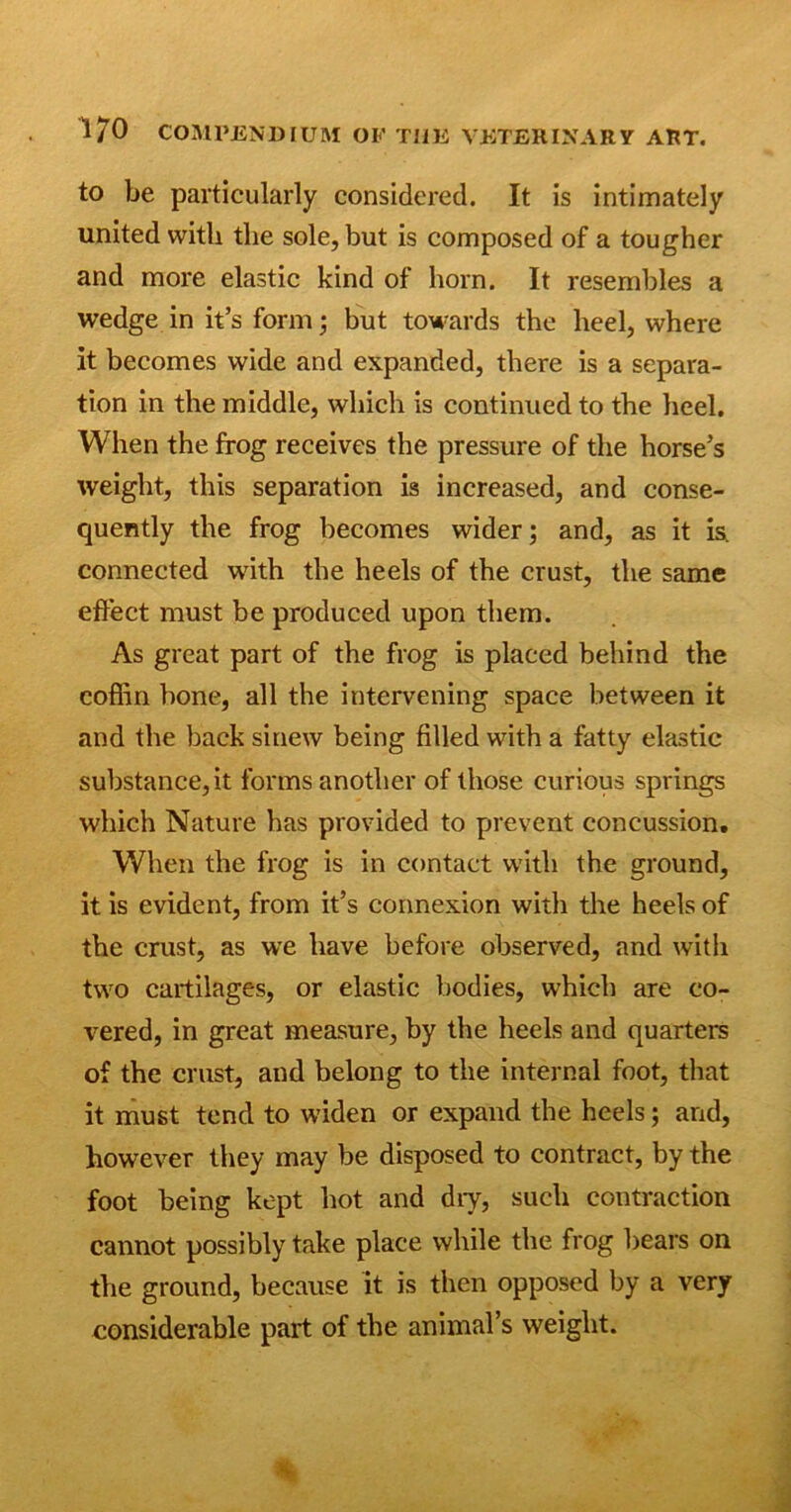 to be particularly considered. It is intimately united with the sole, but is composed of a tougher and more elastic kind of horn. It resembles a wedge in it’s form; but towards the heel, where it becomes wide and expanded, there is a separa- tion in the middle, which is continued to the heel. When the frog receives the pressure of the horse’s weight, this separation is increased, and conse- quently the frog becomes wider; and, as it is. connected with the heels of the crust, the same effect must be produced upon them. As great part of the frog is placed behind the coffin bone, all the intervening space between it and the back sinew being filled with a fatty elastic substance, it forms another of those curious springs which Nature has provided to prevent concussion. When the frog is in contact with the ground, it is evident, from it’s connexion with the heels of the crust, as we have before observed, and with two cartilages, or elastic bodies, which are co- vered, in great measure, by the heels and quarters of the crust, and belong to the internal foot, that it must tend to widen or expand the heels; and, however they may be disposed to contract, by the foot being kept hot and dry, such contraction cannot possibly take place while the frog hears on the ground, because it is then opposed by a very considerable part of the animal’s weight.
