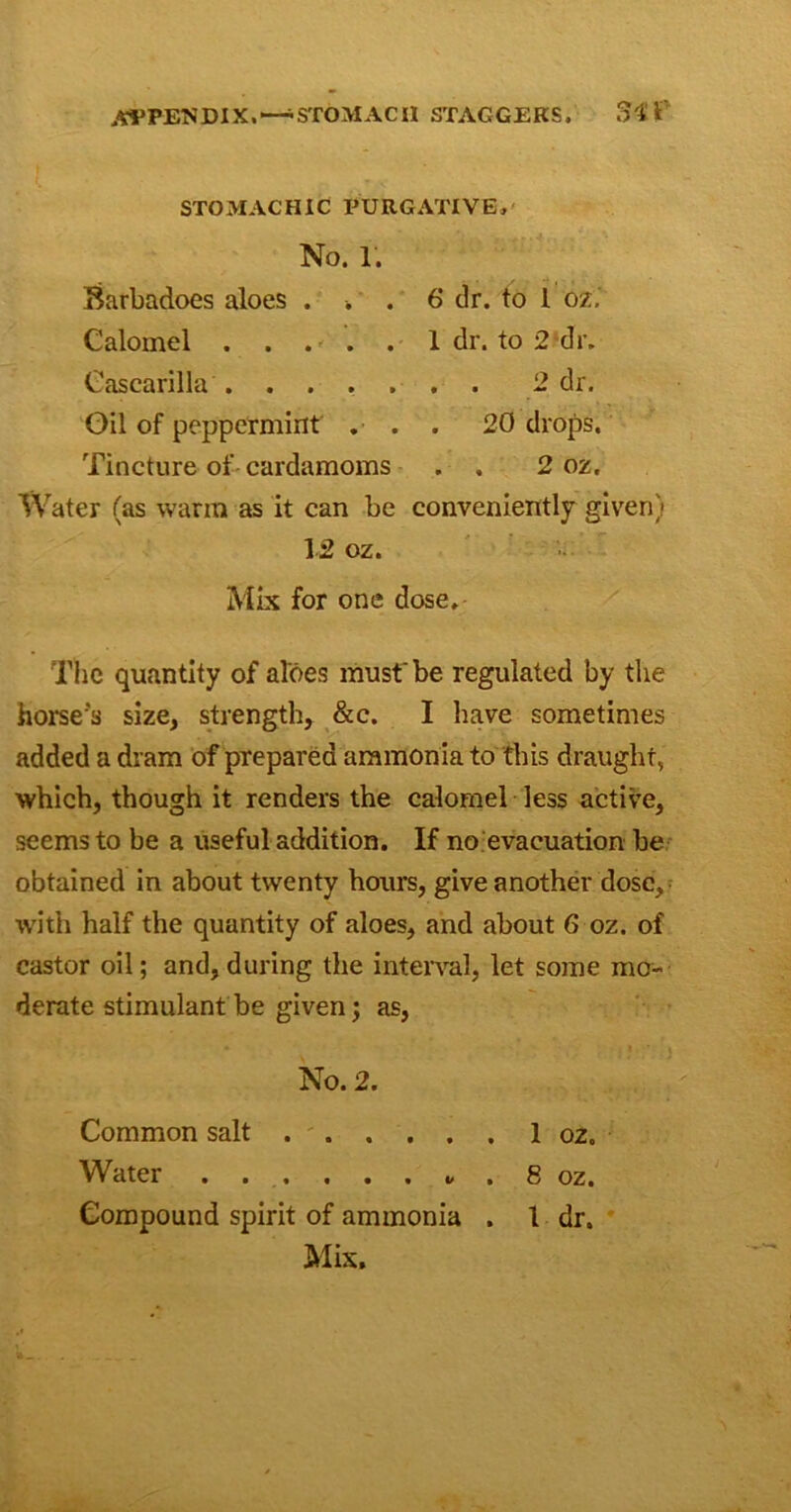 STOMACHIC PURGATIVE, No. 1. Barbadoes aloes . . . 6‘ dr. to 1 ot. Calomel . . . . . 1 dr. to 2 dr. Cascarilla . . . . . . . 2 dr. Oil of peppermint ... 20 drops. Tincture of cardamoms . . 2 oz. Water (as warm as it can be conveniently given) 12 oz. Mix for one dose. The quantity of aloes must'be regulated by the horses size, strength, &c. I have sometimes added a dram of prepared ammonia to this draught, which, though it renders the calomel less active, seems to be a useful addition. If no evacuation be obtained in about twenty hours, give another dose, with half the quantity of aloes, and about 6 oz. of castor oil; and, during the interval, let some mo- derate stimulant be given; as, No. 2. Common salt 1 oz. Water ........ 8 oz. Compound spirit of ammonia . 1 dr. Mix.