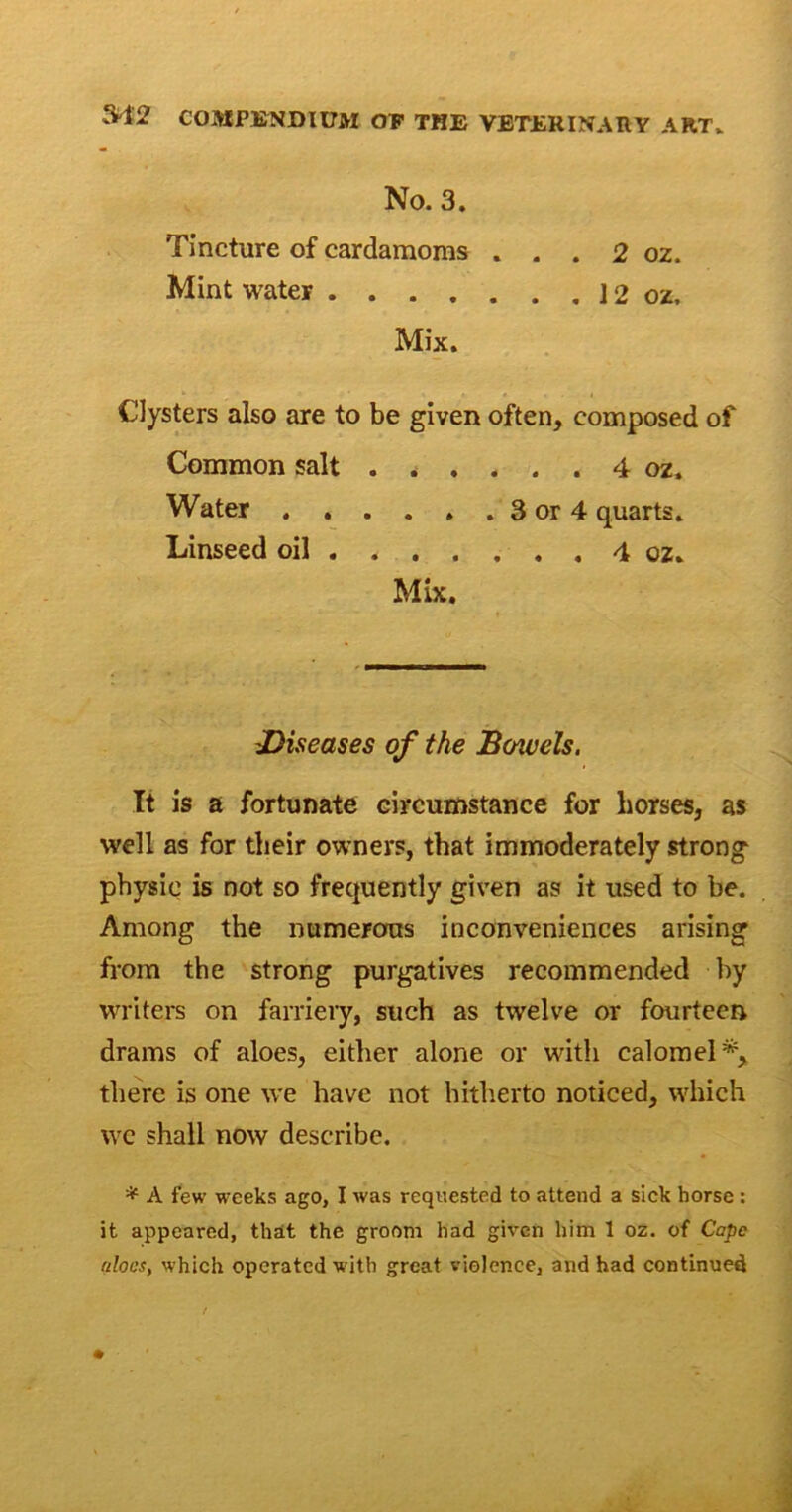 No. 3. Tincture of cardamoms . . . 2 oz. Mint water 12 oz, Mix. Clysters also are to be given often, composed of Common salt ...... 4 oz. Water . . . . . . 3 or 4 quarts. Linseed oil 4 oz. Mix. diseases of the Bmvels. It is a fortunate circumstance for horses, as well as for their owners, that immoderately strong physic is not so frequently given as it used to be. Among the numerous inconveniences arising from the strong purgatives recommended by writers on farriery, such as twelve or fourteen drams of aloes, either alone or with calomel*, there is one we have not hitherto noticed, which we shall now describe. * A few weeks ago, I was requested to attend a sick horse : it appeared, that the groom had given him 1 oz. of Cape aloes, which operated with great violence, and had continued