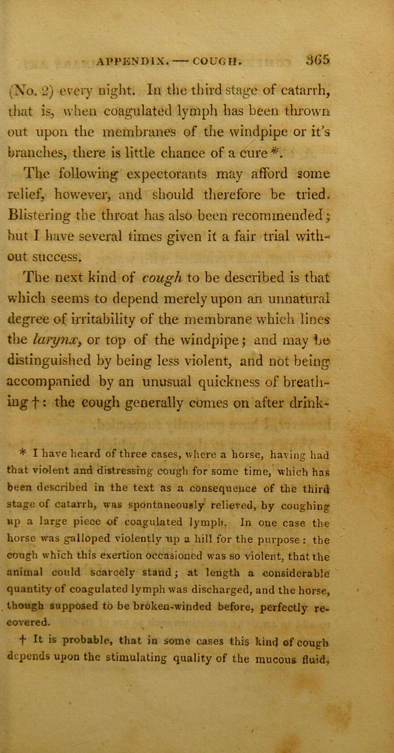 Xo. 2) every night. In the third stage of catarrh, that is, when coagulated lymph has been thrown out upon the membranes of the windpipe or it’s branches, there is little chance of a cure *. The following expectorants may afford some relief, however, and should therefore be tried. Blistering the throat has also been recommended; but I have several times given it a fair trial with- out success. The next kind of cough to be described is that which seems to depend merely upon an unnatural degree of irritability of the membrane which lines the larynx> or top of the windpipe; and may be distinguished by being less violent, and not being accompanied by an unusual quickness of breath- ing f: the cough generally comes on after drink- * I have heard of three cases, where a horse, having had that violent and distressing cough for some time, w'hich has been described in the text as a consequence of the third stage of catarrh, rras spontaneously relieved, by coughing up a large piece of coagulated lymph. In one case the horse was galloped violently up a hill for the purpose : the cough which this exertion occasioned was so violent, that the animal could scarcely stand; at length a considerable quantity of coagulated lymph was discharged, and the horse, though supposed to be broken-winded before, perfectly re- covered. f It is probable, that in some cases this kind of cough depends upon the stimulating quality of the mucous fluid.