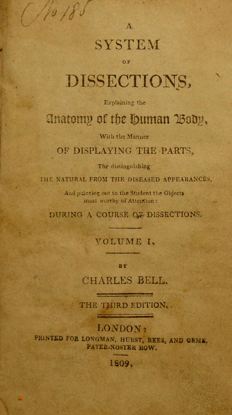 •' // ,cr //* /6J SYSTEM OF DISSECTIONS, Explaining the anatamg of tfic pitman lBo&g, With the Manner OF DISPLAYING THE PARTS, The distinguishing 1HE NATURAL FROM THE DISEASED APPEARANCES, And painting out to the Student the Objects most worthy of Attention : DURING A COURSE Q& DISSECTIONS. VOLUME I, BF CHARLES BELL. THE TJilRD EDITION. m — LONDON: PRINTED FOR LONGMAN, HURST, REES, AND ©RMS, PATER.NQSTER ROW. 1809