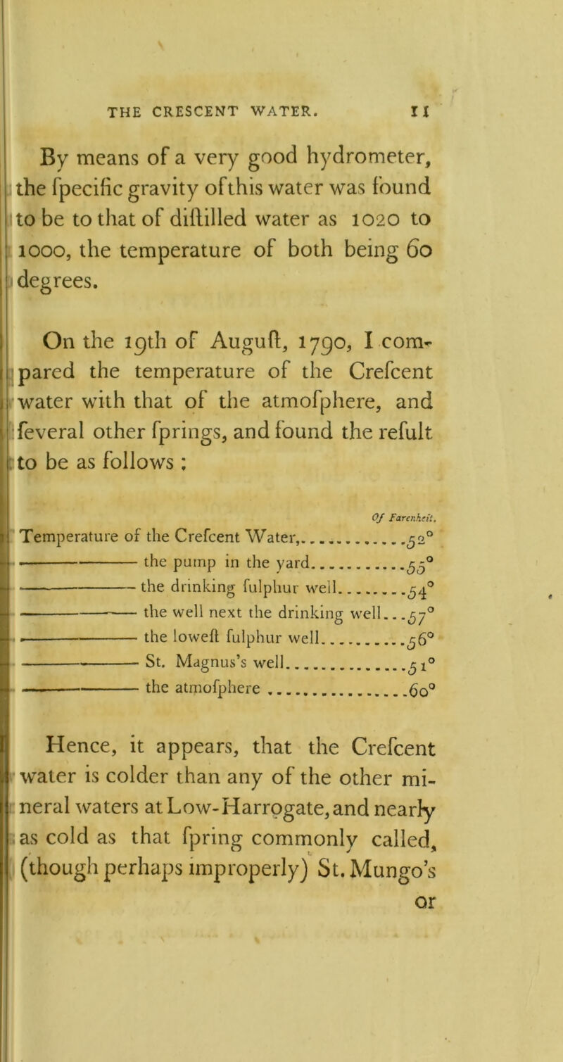 By means of a very good hydrometer, the fpecific gravity of this water was found : to be to that of dillilled water as 1020 to ; 1000, the temperature of both being 60 11 degrees. On the 19th of Auguft, 1790, I corn’- ll pared the temperature of the Crefcent water with that of the atmofphere, and feveral other fprings, and found the refult 1 to be as follows ; ii Of farenha't. Temperature of the Crefcent Water, ^2° • the pump in the yard <5<3° the drinking fulphur well ^j.0 the well next the drinking well.. .37° the lowed: fulphur well ^6° St. Magnus’s well the atmofphere do0 — Hence, it appears, that the Crefcent U water is colder than any of the other mi- neral waters at Low-Harrogate, and nearly as cold as that fpring commonly called, (though perhaps improperly) St. Mungo’s or