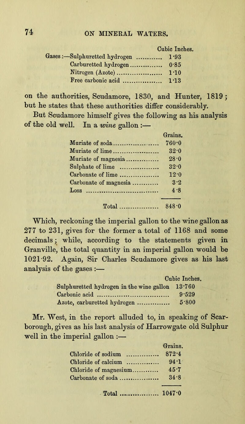 Cubic Inches. Grases :—Sulphuretted hydrogen 1’93 Carburetted hydrogen 0'85 Nitrogen (Azote) ITO Free carbonic acid 1’13 on the authorities, Scudamore, 1830, and Hunter, 1819; but he states that these authorities differ considerably. But Scudamore himself gives the following as his analysis of the old well. In a wine gallon ;— Grains. Muriate of soda 760’0 Muriate of lime 32'0 Muriate of magnesia 28'0 Sulphate of lime 32‘0 Carbonate of lime 12‘0 Carbonate of magnesia 3'2 Loss 4 8 Total 848 '0 Which, reckoning the imperial gallon to the wine gallon as 277 to 231, gives for the former a total of 1168 and some decimals; while, according to the statements given in Granville, the total quantity in an imperial gallon would be 1021-92. Again, Sir Charles Scudamore gives as his last analysis of the gases :— Cubic Inches. Sulphuretted hydrogen in the wine gallon 13'760 Carbonic acid 9-529 Azote, carburetted hydrogen 5 -800 Mr. West, in the report alluded to, in speaking of Scar- borough, gives as his last analysis of Harrowgate old Sulphur well in the imperial gallon :— Grains. Chloride of sodium 872-4 Chloride of calcium 94-1 Chloride of magnesium 45-7 Carbonate of soda 34-8 Total 1047-0