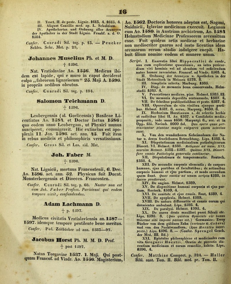 II. Tract, II, de pesle, Lignic. 1613. 4, 16iu. 4. III. Aliquot Consilia med. ap. L. ScLolzium. IV. Apothelsertax und Ordnung aller Arzncycn der ApotLeker in der Sladt Ligniz. Frankf. a. d. O. 1384. Confer. Cunradi Sil. tog. p. 15. — Peucker Schlcs. Schr. Mst. p. 28, Joliaimes Miiseliiis Ph. et M. D. t 1396. Nat. Vratislaviae Ao. 1536. Medicus ibi- dem est lapide, qui e muro in caput deciderat culpa „ fabrorum lignariorum “ 25. 3Iaji A. 1596. in propriis aedibus obrutus. Confer. Cunradi Sil. tog. p. 104. (Salomon Teiclunanii D. f 1396. Leobergensis (al. Gorlicensis) Basileae Li- centiatus Ao. 138^. et Doctor factus 1586: quo eodem anno Leobergam, ut Physici munus susciperet, commigravit. Hic extinctus est apo- plexia 11. Jan. 1596. aet. ann. 45. Fuit item in rebus medicis et philosophicis versatissimus. Confer M Gross Sil. et Lus. sid. Mst. «Toh. Faber M. f 1396. Nat. Lignicii, mortuus Francostenii, 6. Dec. Ao. 1596. aet. ann. 52. Physicus fuit Ducat. Monsterbergensis et Dioeces. Francosten. Confer. Cunradi Sil. tog. p. 68. Noster non est cum Joh. Faber Profcss. Parisietisi qui eodem tempore vixit, confundendus. Adam liadimann D. •]* p. 1397. ^ Medicus civitatis Vratislaviensis an. 1587— 1597. idemque tempore pestilente bene meritus. Confer. Pol. Zeilbucher ad ann. 1383—97. Jacobus Horst Ph. M. M. D. Prof. post 1397. Natus Torgaviae 1537. 1. Maji. Qui post- quam Francof. ad Viadr. Ao. 1556. Magisterium, Ao. 1562. Doctoris honores adeptus est, Sagani, Suidnicii., Iglaviae medicinam exercuit. Legimus eum Ao. 1580. in Austriam archiatrum, Ao. 15841 Helmstadium Medicinae Professorem arcessitum esse. Fuit quidem artis medicae et herbariae non mediocriter gnarus sed iusto licentius idem arcanarum rerum studio indulgere coepit. Ha- buit filium nomine eodem et munere usum. Script. I. Enarratio libri Hippocratici de corde, una cum explicatione quaestionis, an intra pericar- dium vivi hominis vel ad alendum vel reficiendum natus humor inveniatur. Francof. ad Viadr. 1363. 4, II. Ordnung der Arzneyen u. Apolheken in der §tadt Metzcritsch in Meissen 1378. 8. III. Simplicia selecta. Marburg. 1383. IV. Disp. de memoria bona conservanda, Helm- stadii 1383. 4. V. Praecationes medicor, piae. Helmst, 1383,12. VI. De memoria deperdita restauranda. 1587. 4, VII. De febribus pcstilentialibus et peste. 1387, 4. VIII. Opusculum de vite vinifera ejusque partf- bus. Helmst. 1387, 8, rccus, Marpurg. 1630. 8. IX. Herbarium Horatianum s. de selectis herbis et radicibus libri II, Ao. 1387. a Candidatis medie, propositi, inde anno 1630. Marpurgl 8., ree. et in Oppr filii. Norimb. 1660 fol. Quo opere quae per- tractantur plantae magis vulgares quam selectae sunt. X. Von den vTunderbaren Gebeimnlssen der Na- tur u. deren frucbtbareu Betraebtung. Lips, 1388, 4» XI. Disputationum medicinalium pathologicarum Dissert. VI. Helmst. 1388. Reliquae ad num, XFJT. seorsim Helmst- 1388—1397. Quibus XVI. Dissert- fere omnis Pathologia generalis continetur. XII. Disputationes de temperaihentis. Rostoch, 1388. 4. XIII. De secundis corporis elementis; de corpore humano, ejus partibus et facultatibus j de actionibus corporis humani et ejus partium, et modo secundum quem fiunt. Quae omnia ad unum scripta 1388, in lucem prodierunt. XIV. De angina. Helmst. 1389, XV. De dispositione humani corporis et ejus par- tium. Rostoch, 1389. 4. XVI. De sanitate et ejus causis. Rost. 1389, 4. XVII. De apoplexia. Helmst. 1389, XVIII. De natura differentiis et causis eorum qui dormientes ambulant. Lips, 1393. 4. XIX. De paralysi. Helmst. 1593, 4. XX. De aureo dente maxillari pueri Silesii ete, Lips. 1393. 8, {Quo quidem Opusculo vir bonus maxtme sibi imponi passus est.) Germanice -. Zwey Biicher von dem giildnen Zahn {vertente G. Cobero) Und von den NachtwandIern. (Ipso Horstio inter- prete.) iips. 1396. 8,— (Confer. Sprengel Gesch. der Med. III. Bd.) XXI. Epistolae philosophicae et medicinales cum vita Gregorii Horstii. Oratio de peccatis dis- centium medicinam et earum remediis, habita. Lips. 1396. 4. Confer. Matthiae Conspect. p. 524. — Ha 11 er Bibi. anat. Tom. II. Bibi. med. pr. Tom. II.