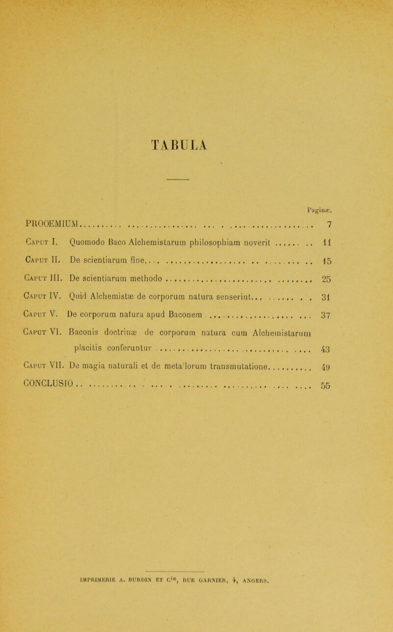 TABULA Pagiua;. PUOOEMlUiM 7 Caput I. Quomodo Baco Alchemislarum philosophiam noverit 11 Caput II. De scientiarum Qne 15 Caput III. De scientiarum methodo 25 Caput IV. Quid Alchemistae de corporum natura senserint... 31 Caput V. De corporum natura apud Baconem 37 Caput VI. Baconis doctrina; de corporum natura cum Alchemistarnin placitis conferuntur 43 Caput VII. De magia naturali et de metadorum transmutatione 49 CONCLUSIO 55