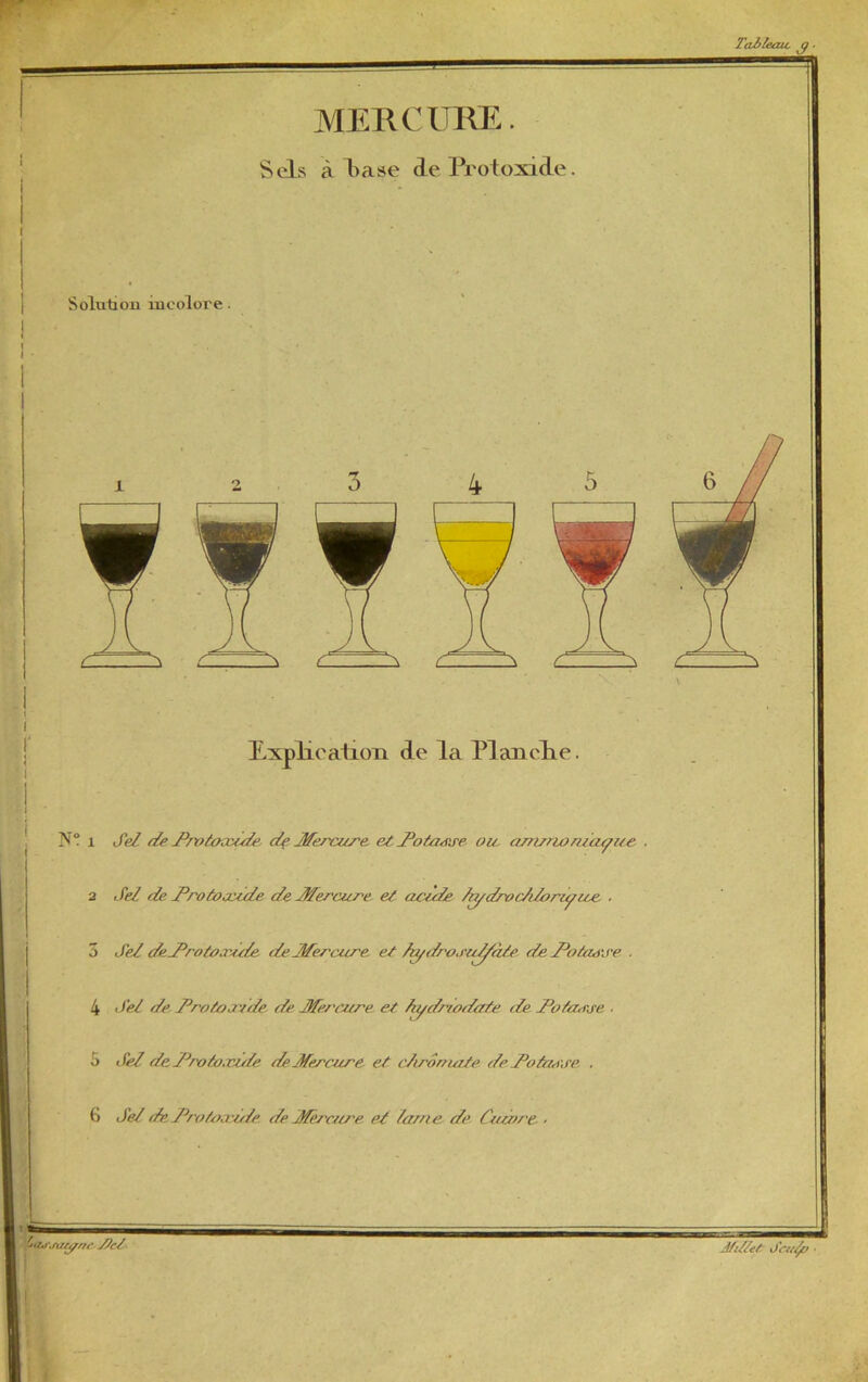 Tableau, j?. MERCURE. Sels à base de Protoxide Solution incolore. N° i Sel de P/otoazide dç Mercure, et Potasse oie atntno niayue 2 Sel de Protoccdde de Æercure et acule kydrocli/oriÿiee . 3 Sel deProtuadde de Æercure et Æydro.ml/àte de Potatnre . 4 Sel de Protuadde, de Æercure. et liydrroda/r de Polurje . o Sel de Protoxide de Æercure et clroniate. de Polaire . 6 Sel deProtuxide de Æercure et lame de Ciurme ■ l<i.r,mtyrrc /tct Jfillet Sci/fe ■