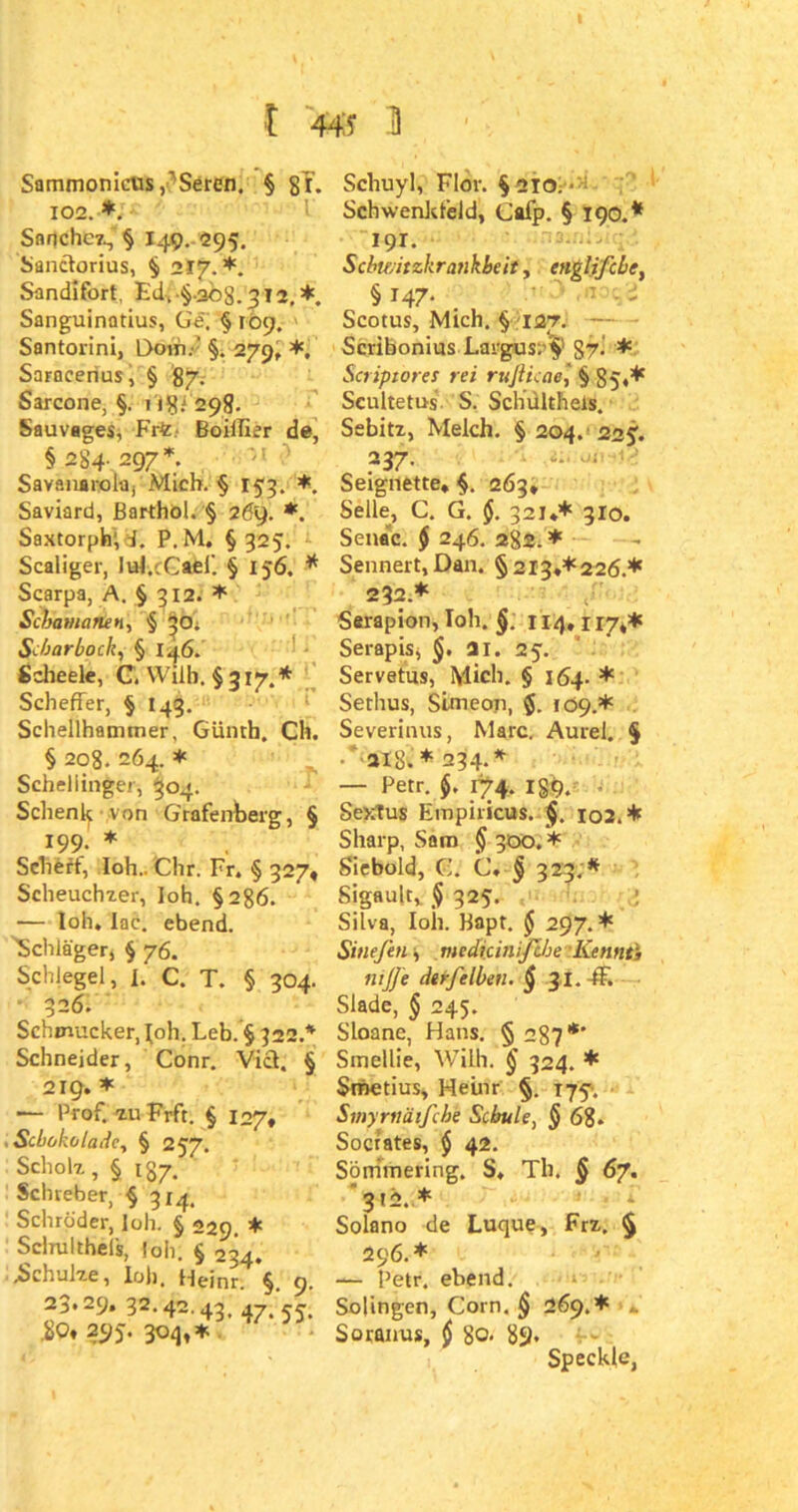 I 44:5- 3 Sammoniclis,'Seren. § gT- 102. *. Sanche7^ § I49. 295. Sanctorius, § 217. *. Sandifort, Ed, §.368. 3 U,* Sanguinatius, Ge, § 169, Santorini, Dom.' §. 279, *, Sarocenus, § 87. Sarcone, §. ligi 298. Sauvages, Fr*.. BoifTier de, § 2S4. 297 *. Savanarolaj Mich. § 153. *. Saviard, ßarthöl. § 269. *. Saxtorph;4. P.M. §325. Scaliger, lul.cCaef § 156. * Scarpa, A. § 312. * Schamanen, § ^O. Schar bock, § 146. Scheele, G. Wilh. § 317.* Scheffer, § 143. Schellhammer, Günth. Ch. § 208. 264. * Scheliingei, 304. Schenk von Grafenberg, § X99. * Scherf, loh.. Chr. Fr. § 327, Scheuchzer, loh. §286. — loh. lac. ebend. 'Schläger, § 76. Schlegel, I. C. T. § 304. • 326. Schmucker, loh. Leb. § 322 Schneider, Conr. Viel. 219. * ■— Prof. zuFrft. § 127, , Schokolade, § 257. Scholz, § 137. Schreber, § 314, Schröder, loh. § 229. * Sclmlthels, loh. § 234. .Schulze, loh. Heinr §. < 23. 29, 32. 42. 45, AJ' Ci iO» 295. 304, * Schuyl, Flor. § 210. ■ Schwenkfeld, Cftfp. § 190.* 191. Scbu/itzkratikheit, englifebe, §147. Scotus, Mich. § 127. — Scribonius Laigus: Sri * Scriptorei rei rußieaej § 85«* Scultetus S. Schultheis. Sebitz, Melch. § 204. 225'. 237. ~ ' Seignette, §. 263, Seile, C. G. 321»* 3Io. Senac. $ 246. 282.* Sennert,Dan. §213**226.* 232* Serapion, loh. §. 114, 117,* Serapis, fli. 25. Servetus, Mich. § 164. * Sethus, Simeon, $. 109.* Severinus, Marc. Aurel. § 218. * 234.* — Petr. $. 174. I§9. SexTus Empiricus. <$. 102.* Sharp, Sam § 300. * Siebold, C. C. § 323.* Sigault, § 325. : Silva, loh. Bapt. $ 297.* Sinefen, mediemifihe Kennti ilijfe dir je Iben. $ 31. -ff. Slade, § 245. Sloane, Hans. § 287*’ Smellie, Wilh. 324. * Smetius, Heinr §. 175. Smyrttätfche Schule, § 68. Socrates, $ 42. Sörrimering. S. Th. § 67. 3 ri*. * Solano de Luque, Frz. § 296.* — Petr, ebend. > Solingen, Com. § 269.* Soranus, $ 80. 89» Speckle,