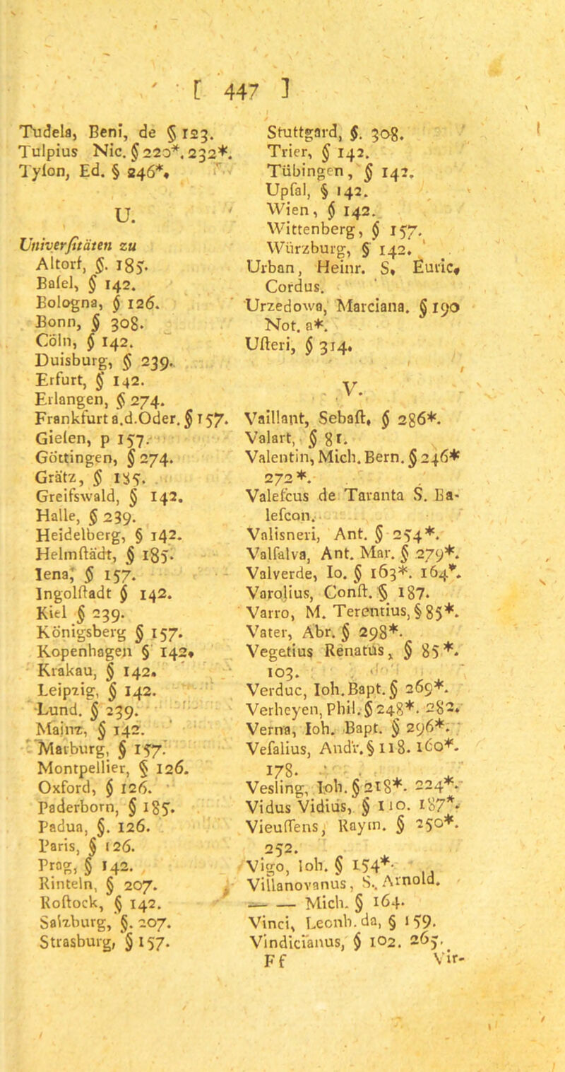 Tudela, Beni, de § 123. Tulpius Nie. §220*. 232*. Tylon, Ed. § 246% u. Univerfitäten zu Altorf, §. lg). Bafel, § 142. Bologna, $ 126. Bonn, § 30g. Cöln, $ 142. Duisburg, § 239. Erfurt, 142. Erlangen, § 274. Frankfurt a.d.Oder. § T 57. Gielen, p 157. Gottingen, § 274. Grätz, § 185. Greifswald, § 142. Halle, § 239. Heidelberg, § 142. Helmftädt, § 185. Iena; § 157. Ingolftadt $ 142. Kiel § 239. Königsberg § 157. Kopenhagen § 142» Krakau, § 142» Leipzig, § 142. Lund. § 239. Mainz, § 142. Marburg, § 157. Montpellier, § 126. Oxford, $ 126. ' Paderborn, § 185. Padua, §. 126. Paris, § 126. Prag, § 142. Rinteln, § 207. Roftock, § 142. Salzburg, §. 207. Strasburg, §157. Stuttgard, $. 30g. Trier, § 142. Tübingen, S 142. Upfal, § 142. Wien, $ 142. Wittenberg, § 157. Würzburg, § 142, Urban, Heinr. S* Euric* Cordus. Urzedowa, Marciana, S 100 Not. a*. Ufteri, § 314. * / V. Vaillant, Sebaft, $ 286*. Valart, § gt. Valentin, Mich. Bern. § 246* 272 *. Valefcus de Taranta S. Ba- lefcon. Valisneri, Ant. § 254*. Valfalva, Ant. Mar. § 279*. Valverde, Io. § 163*. 164*'. Varolius, Cond. § 187* Varro, M. Terentius, § 85*. Vater, Abr. § 298*- Vegetius Renatus, § 85** 103. Verduc, Ioh.Bapt.§ 269*. Verheyen, Phil. $248*. 282. Verna, loh. Bapt. § 296*. Vefalius, AndV.§ll8. 160*. 178. Vesling, Ioh.§2iS*- 224*. Vidus Vidius, § 110. *87** VieufTens, Raytn. § 15°*- 252. Vigo, loh. § 154*- ., Villanovanus, S.. Arnold. Mich. § 164. Vinci, Leonh.da, § 159. Vindici’anus, $ 102. 263, Ff Vir-