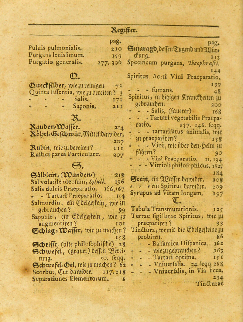 ÄCßtfiei:. Pululs pulmonialis. pag* 210 Purgans lenisfimum. IT9 Purgatio generalis. 277. 306 0, (tlmccJfilbef^ tt5ic,^tU’ctn!f5ciT 72 Quinta Effentia, wie ju bci’citcn? 3 Salis. 171 ^ - Saponis, an Xaubert#tDöf|er, baiuibcr. ao7 3^ubitt, trie ju bereiten ? 111 Rullici parui Particulare. 307 - - e. ©albieftty (IflOunbeH^) ; ai? Sal volaciie oleofum, Syluiu 196 Salis dulcis Praeparacio. 166,1^7 - - Tarcari Praepa*-atia. 1^4 Salmordin, ein ^DelgcjTeitT/, tt)ie ju gebtaud)en? 99 Sapphir, ein SMgcflcitt, lt>ie ju augmentiren? loi ©d?lag«X30af|ery wie ju madbeii ? (alte philofophifcbe) 28 ecbwefel, (grauer) bc|Tcn tung. feqq. 6cbwefeb(DcI,wiejumachen? 6i Scorbuc, Cur bawiöer. 217.218 Separadones Elementorum* s pag. 0inatagb,be|Tcn'^ugenb unb^lBut# cfung, 1,5 Specificum purgans, Iheophraßi. 144 Spiritus Ac:ti Vini Praeparatio* 139 - - - tumans. Spiritus, in l)i^igen ^rancf()citen ju gebrauchen. 200 - - - Salis, (fauecer) i6g - - -Tartarivegetabilis Praepa- ratio, 137. 146, feqq. - - - tartarifatus animatis, wie JU praepariren ? ^ 138 ? - - Vini, Wie über ben^clm ju fuhren? _ 9a - - - Vini Praeparatio. n. 134 - - - Vitrioliphilofophicus, 182, 184 0tem, ein Raffer bawiber, ao8 i 9 t ein Spiritus bawiber» 209 Syrupus ad Vitam longam, 197 tü. Tabula Transmutationis. iif Terrae figiüatae Spiritus, Wie JU praepariren? ^ 33 Tinftura, womit bie Cbelge(?eine ju probiren. ^ ^ ^ 8^ - - - Balfamica Hifpanica. i^a - wiejugcbraud)cn? 16? - - - Tartari optipia. i f r - - - Vniuerfalis. 34. feqq. 288 - - - Vniuerfalis, in Via licca. Tindurae