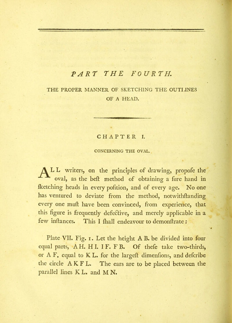 part the fourth. THE PROPER MANNER OF SKETCHING THE OUTLINES OF A HEAD. CHAPTER I. CONCERNING THE OVAL. L writers, on the principles of drawing, propofe the oval, as the bed method of obtaining a fure hand in fketching heads in every pofition, and of every age. No one has ventured to deviate from the method, notwithdanding every one mud have been convinced, from experience, that this figure is frequently defective, and merely applicable in a few indances. This I {hall endeavour to demondrate; Plate VII. Fig. i. Let the height A B. be divided into four equal parts, AH. HI. IF. F B. Of thefe take two-thirds, or A F. equal to K L. for the larged dimenfions, and defcribe the circle AKFL. The ears are to be placed between the