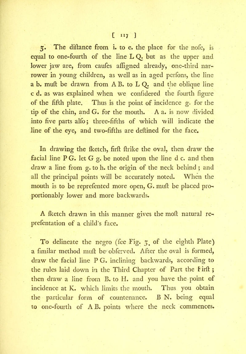 5. The diftance from i. to e. the place for the nofe, is equal to one-fourth of the line L Q. but as the upper and lower jaw are, from caufes affigned already, one-third nar- rower in young children, as well as in aged perfons, the line a b. muft be drawn from A B. to L Q. and the oblique line c d. as was explained when we confidered the fourth figure of the fifth plate. Thus is the point of incidence g. for the tip of the chin, and G. for the mouth. A a. is now divided into five parts alfo; three-fifths of which will indicate the line of the eye, and two-fifths are deftined for the face. In drawing the (ketch, firft (trike the oval, then draw the facial line P G. let G g. be noted upon the line d c. and then draw a line from g. to h. the origin of the neck behind ; and all the principal points will be accurately noted. When the mouth is to be reprefented more open, G. muft be placed pro- portionably lower and more backwards. A (ketch drawn in this manner gives the mold natural re- prefentation of a child’s face. To delineate the negro (fee Fig. of the eighth Plate) a fimilar method mu(t be/obferved. After the oval is formed, draw the facial line P G. inclining backwards, according to the rules laid down in the Third Chapter of Part the £ irft ; then draw a line from B. to H. and you have the point of incidence at K. which limits the mouth. Thus you obtain the particular form of countenance. B N. being equal to one-fourth of A B. points where the neck commences.