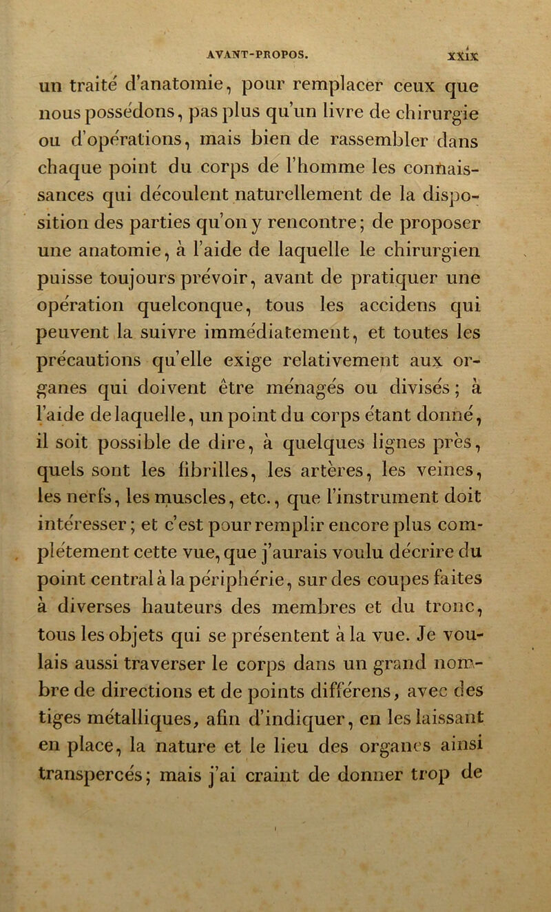 un traité d’anatomie, pour remplacer ceux que nous possédons, pas plus qu’un livre de chirurgie ou d’opérations, mais bien de rassembler dans chaque point du corps de l’homme les connais- sances qui découlent naturellement de la dispo- sition des parties qu’on y rencontre; de proposer une anatomie, à l’aide de laquelle le chirurgien puisse toujours prévoir, avant de pratiquer une opération quelconque, tous les accidens qui peuvent la suivre immédiatement, et toutes les précautions quelle exige relativement aux or- ganes qui doivent être ménagés ou divisés ; à l’aide de laquelle, un point du corps étant donné, il soit possible de dire, à quelques lignes près, quels sont les fibrilles, les artères, les veines, les nerfs, les muscles, etc., que l’instrument doit intéresser ; et c’est pour remplir encore plus com- plètement cette vue, que j’aurais voulu décrire du point central à la périphérie, sur des coupes faites à diverses hauteurs des membres et du tronc, tous les objets qui se présentent à la vue. Je vou- lais aussi traverser le corps dans un grand nom- bre de directions et de points différens, avec des tiges métalliques, afin d’indiquer, en les laissant en place, la nature et le lieu des organes ainsi transpercés; mais j’ai craint de donner trop de