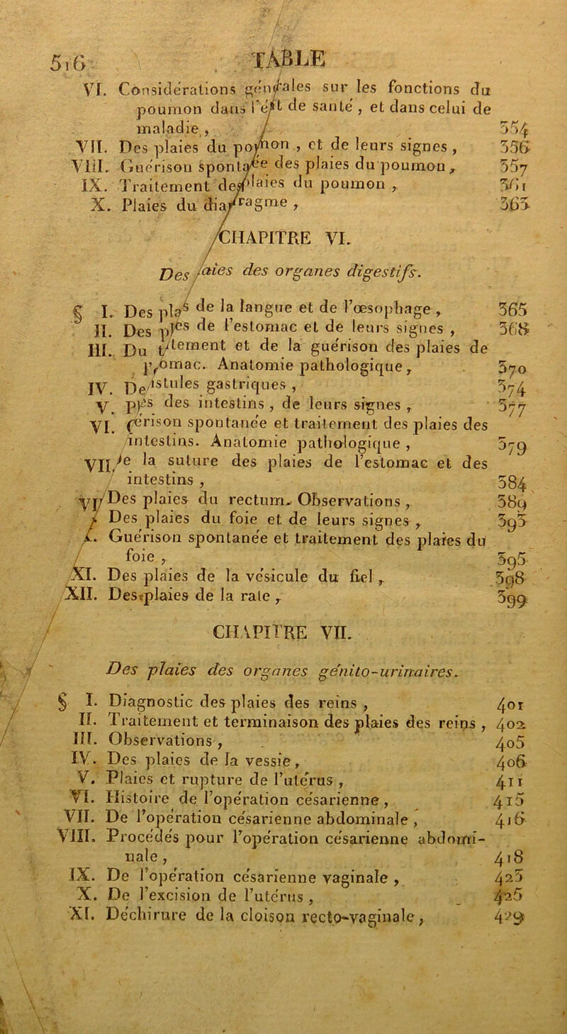 51G f ABIjE Considérations géniales sur les fonctions du poumon dans 1 de saule , et dans celui de maladie, / Vil. Des plaies du poAo^n > et de leurs signes, 556 VlîL (juerisou spont^’e des plaies du poumon , 55y IX. Traitement de/d^ies du poumon , 5/ir X. Plaies du , 36T /CHAPITRE VL jjgg jaies des organes digestifs^. § L Des pla^ de la langue et de l’œsopbage , 365 II. Des pl^^ de l’estomac et de leurs signes , 366 III. Du t/tement et de la gue'rison des plaies de p^ornac. Anatomie pathologique, 370 IV. De '®’-*des gastriques , 3^^ V. PP'^ des intestins, de leurs signes , 577 VI. (dï'ison spontanée et traitement des plaies des intestins. Anatomie pathologique , 579 yjj >e la suture des plaies de l’eslomaG et des intestins , 584 yp Des plaies du rectum^ Observations , 58^ J Des plaies du foie et de leurs signes, 595 L. Gue rison spontanée et traitement des plaies du / foie , ^ 5g5. XI. Des plaies de la ve'sicule du fiel, 3c)8 XII. Destplaies de la raie , 5ga CHAPITRE VIL Des plaies des organes génito-urinaires. § L Diagnostic des plaies des reins, /jor IL Traitement et terminaison des plaies des reiqs , 402. III. Observations , 4o5 IV. Des plaies de la vessie, 406 V. Plaies et rupture de Tule'rus , 4.11 VI. Histoire de Tope'ration césarienne , 4i5 VII. De l’operation ce'sarienne abdominale , 4^G VIII. Procede's pour Toperation césarienne abdomi- nale , 418 IX. De Tope’ration césarienne vaginale , 4^5 X. De Texcision de Tute'rus , 4^5 XL Déchirure de la cloison i'ecto*vaginale,