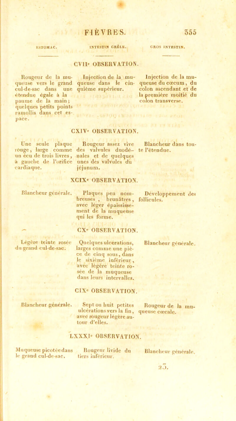 KSTOMAC. INTESTIN GRÊLE. GROS INTESTIN. CVII* OBSERVATION Rougeur de la mu- queuse vers le grand cul-de-sac dans une étendue égale à la paume de la main; quelques petits points ramollis dans cet es- pace. Injection de la mu- queuse dans le cin- quième supérieur. Injection de la mu- queuse du cæcum, du colon ascendant et de la première moitié du colon transverse. CXIV« OBSERVATION. Une seule plaque Rougeur assez vive Blancheur dans tou- rouge, large comme des valvules duodé- te l’étendue, un écu de trois livres, nales et de quelques à gauche de l’orifice unes des valvules du cardiaque. jéjunum. XCIX' OBSERVATION. Blancheur générale. Plaques peu nom- Développement des breuses , brunâtres , follicules, avec léger épaississe- ment de la muqueuse qui les forme. - CX' OBSERVATION. du grand cul-de-sac. CIX' OBSERVATION. Blancheur générale. Sept ou huit petites Rougeur de la inu- ulcérations vers la fin , queuse cœcale. avec rougeur légère au- tour d’elles. LXXX.U OBSERVATION. Muqueuse picotée dans Rougeur livide du Blancheur générale, le grand cul-de-sac. tiers inférieur. •20. larges comme une piè- ce de cinq sous, dans le sixième inférieur, avec légère teinte ro- sée de la muqueuse dans leurs intervalles.