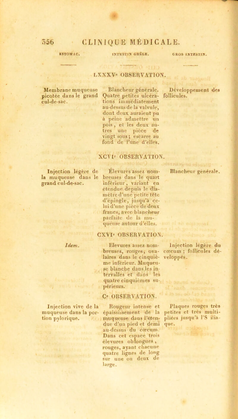 ESTOMAC. INTESTIN GBÊLB. CBOS INTESTIN. EXXXV» OBSERVATION. Membrane muqueuse Blancheur générale. Développement des picotée dans le grand Quatre petites ulcéra- follicules, cul-de-sac. tions immédiatement au-dessus de la valvule, dont deux auraient pu à peine admettre un pois , et les deux au- tres une pièce de vingt sous ; escarre au fond de l’une d’elles. XGVL» OBSERVATION. i ■ 'f tii'Q .«Ui^u.sy - m «j.„ , •: Injection légère de Elevures assez nom- Blancheur générale, la muqueuse dans le breuses dans le quart grand cul-de-sac. inférieur , variant en étendue depuis le dia- mètre d’une petite tête d’épingle, jusqu’à ce- lui d’une pièce de deux francs, avec blancheur parfaite de la mu- queuse autour d’elles. CXVI' OBSERVATION. Idem. Elevures assez nom- Injection légère du breuses, rouges, ova- crccum ; follicules dé- laires dans le cinquiè- veloppés. me inférieur. Muqueu- se blanche dans les in tervalles et dans les quatre cinquièmes su- périeurs. O OBSERVATION. Injection vive de la Rougeur intense et Plaques rouges très muqueuse dans la por- épaississement de la petites et très multi- tion pylorique. muqueuse dans l’éten- pliées jusqu’à l’S ilia - due d’un pied et demi que. au-dessus du crccum. Dans cet espace trois élevures oblongurs , rouges, ayant chacune quatre lignes de long sur une ou deux de large.